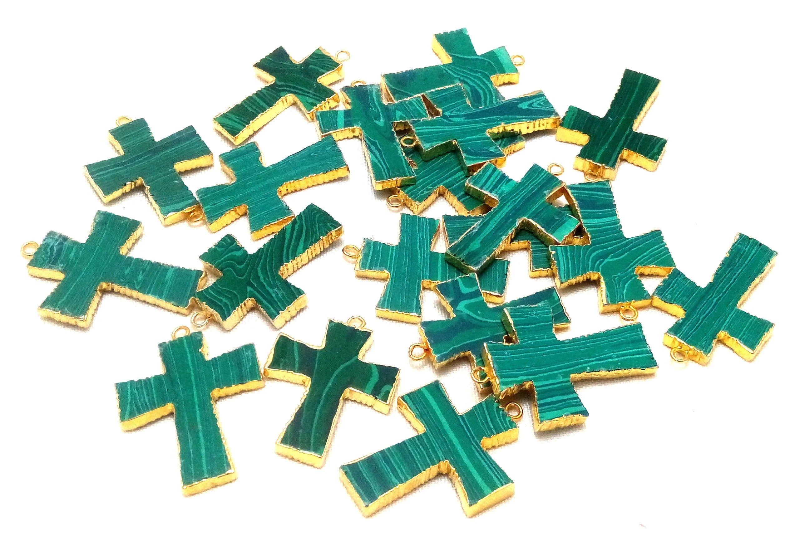 Malachite Smooth Cross Gemstone Gold Electroplate Charm Pendant