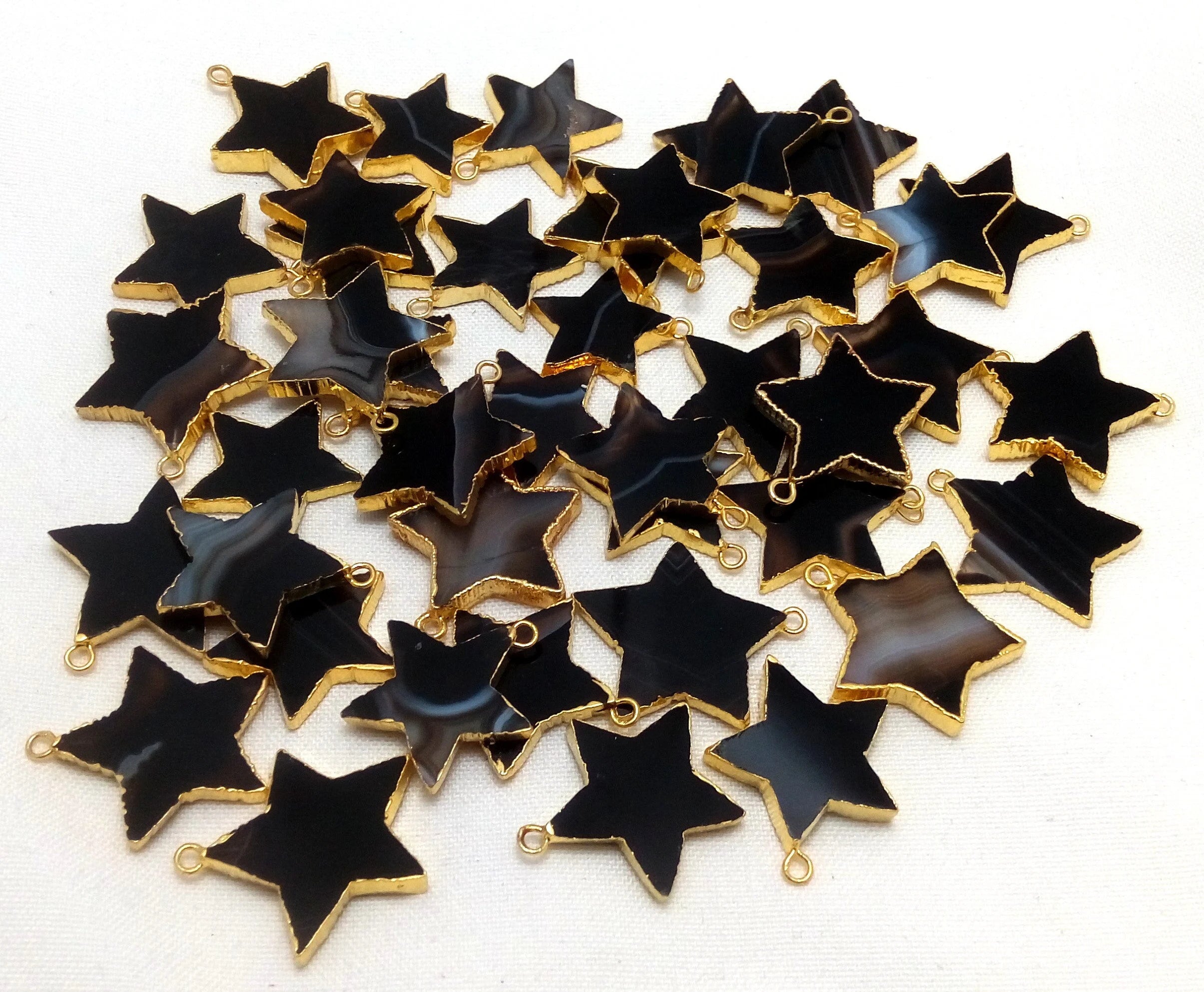 Black Banded Agate Carved Star Gemstone Gold Electroplated Pendant Charm