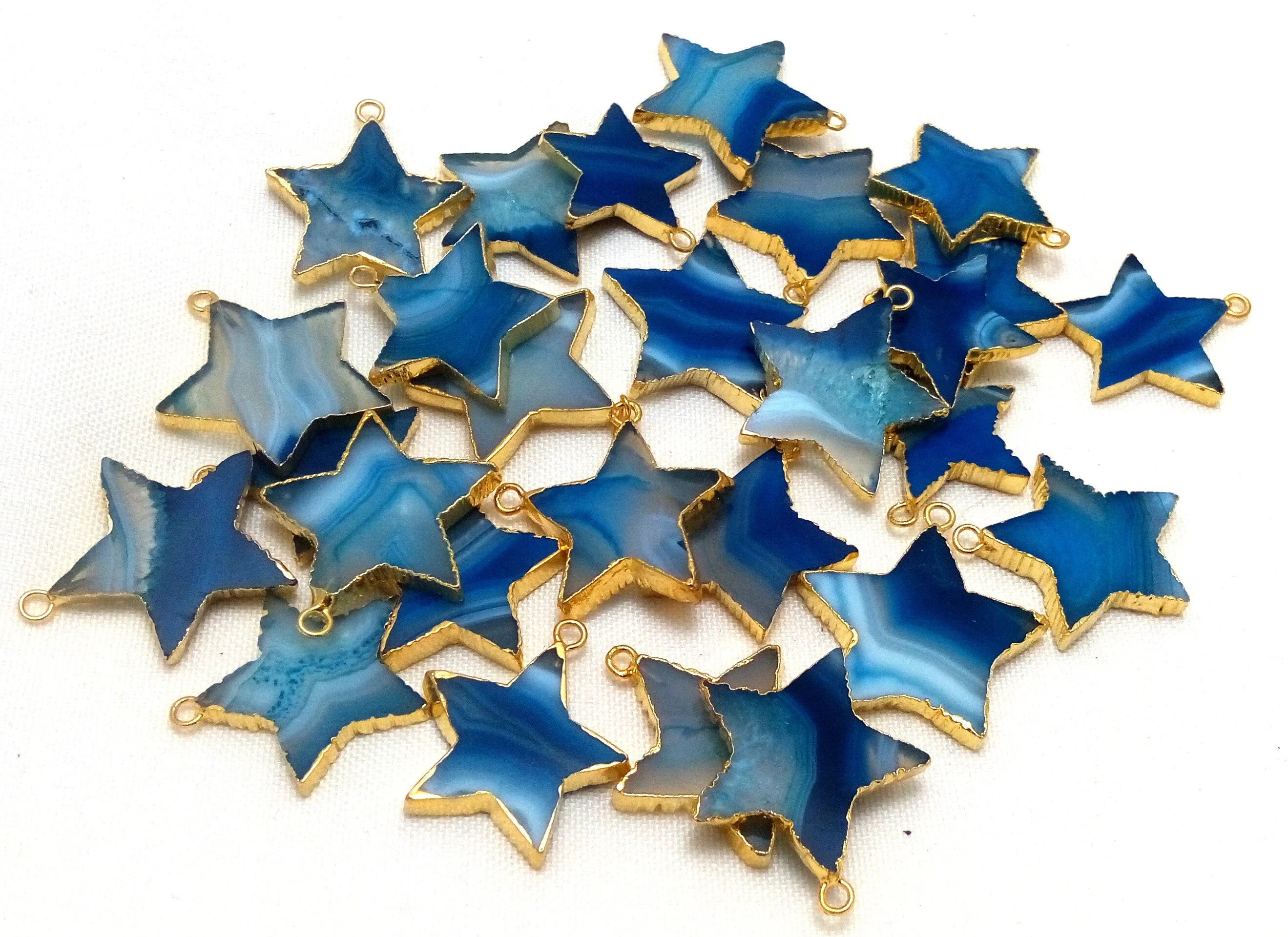 Persian Blue Banded Agate Flat Star Shape Gemstone Gold Electroplated Charm Pendant