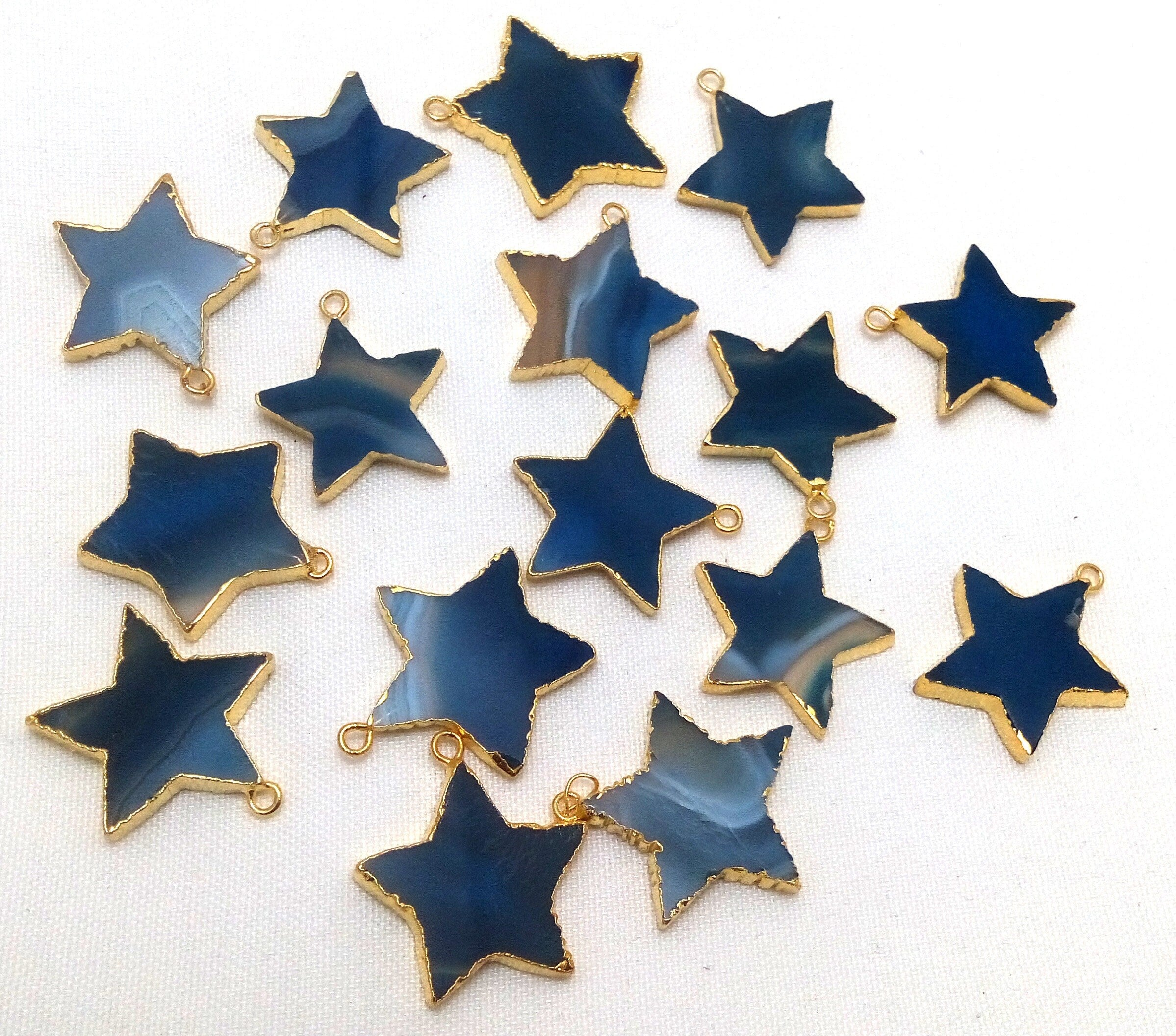 Blue Banded Agate Chalcedony Star Shape Gemstone Gold Electroplated Charm Pendant