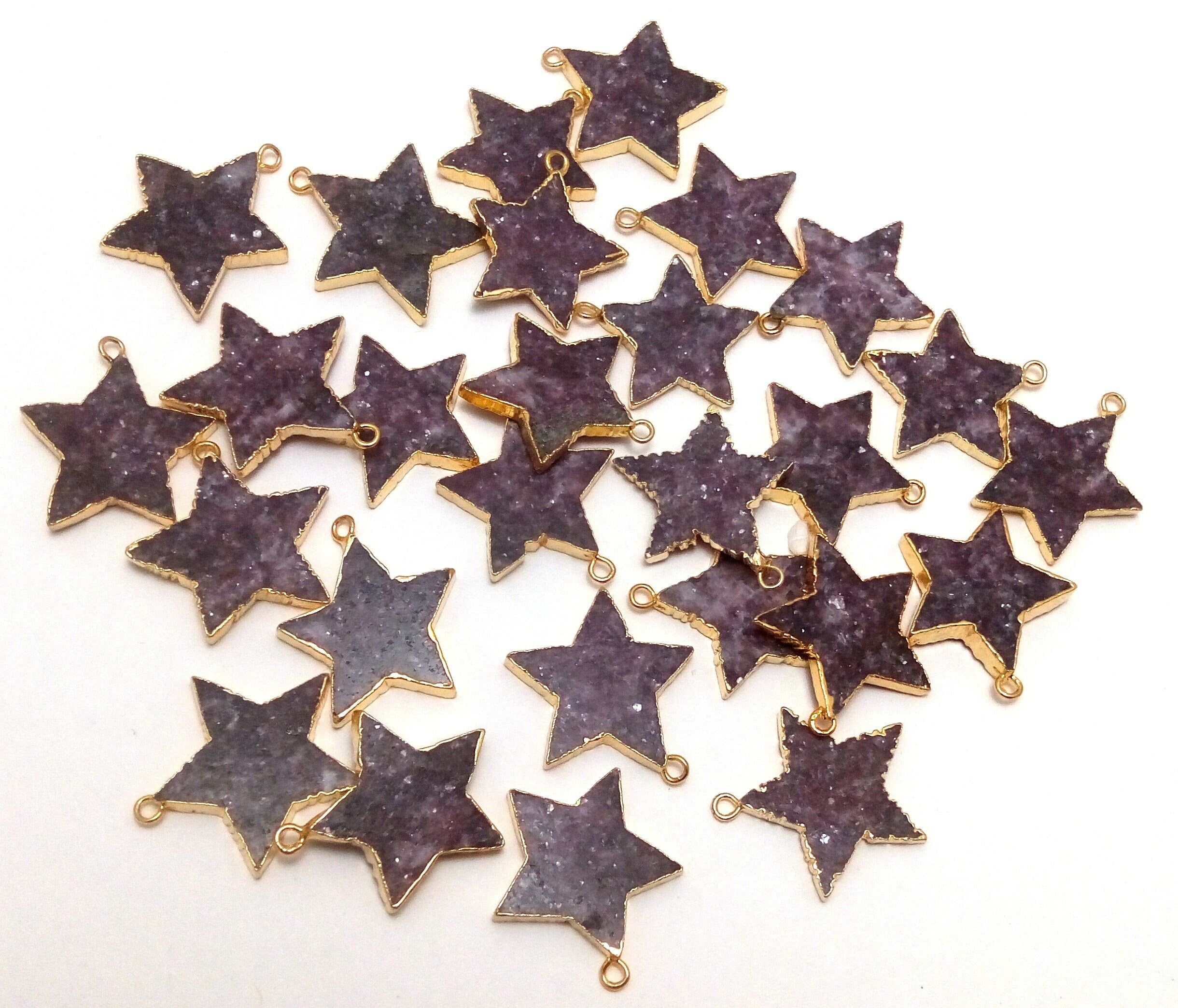 Lepidolite Carved Star Gemstone Gold Electroplated Charm Pendant