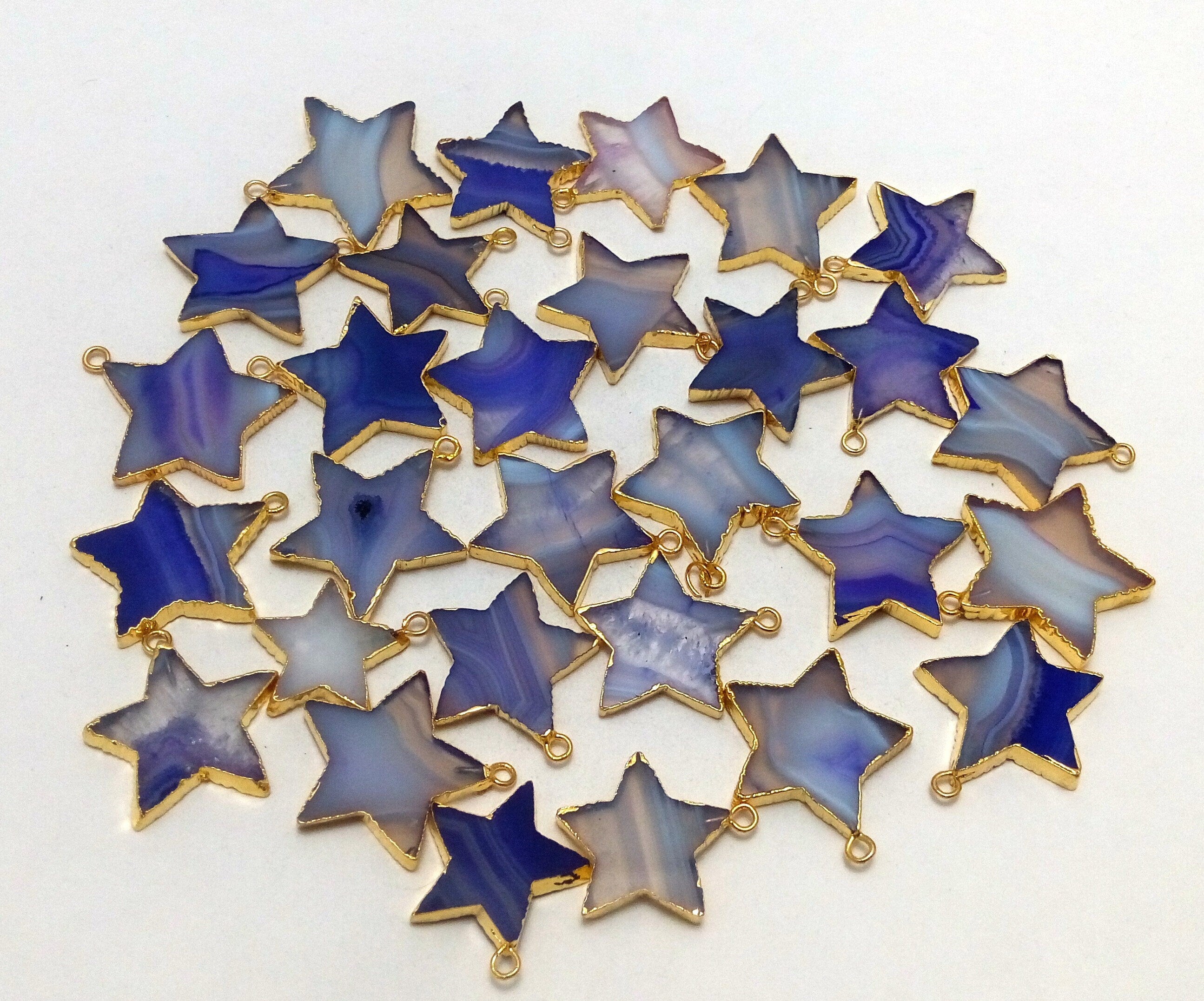 Blue Banded Agate Chalcedony Star Shape Gemstone Gold Electroplated Charm Pendant