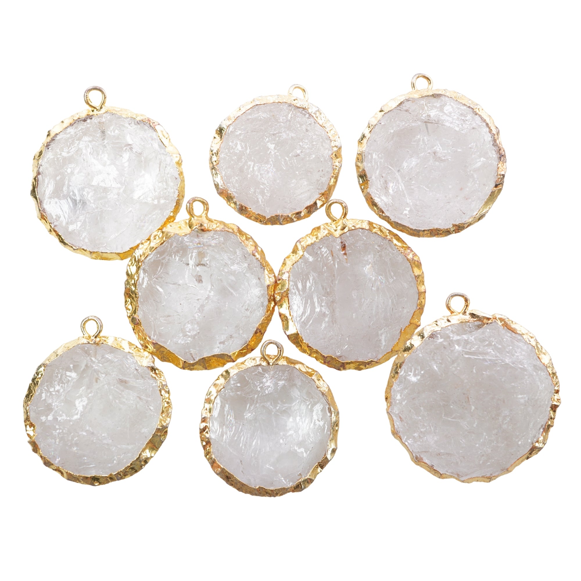 Crystal Quartz Hand knapped Round Big Disc Shape Gemstone Gold Electroplated Charm Pendant