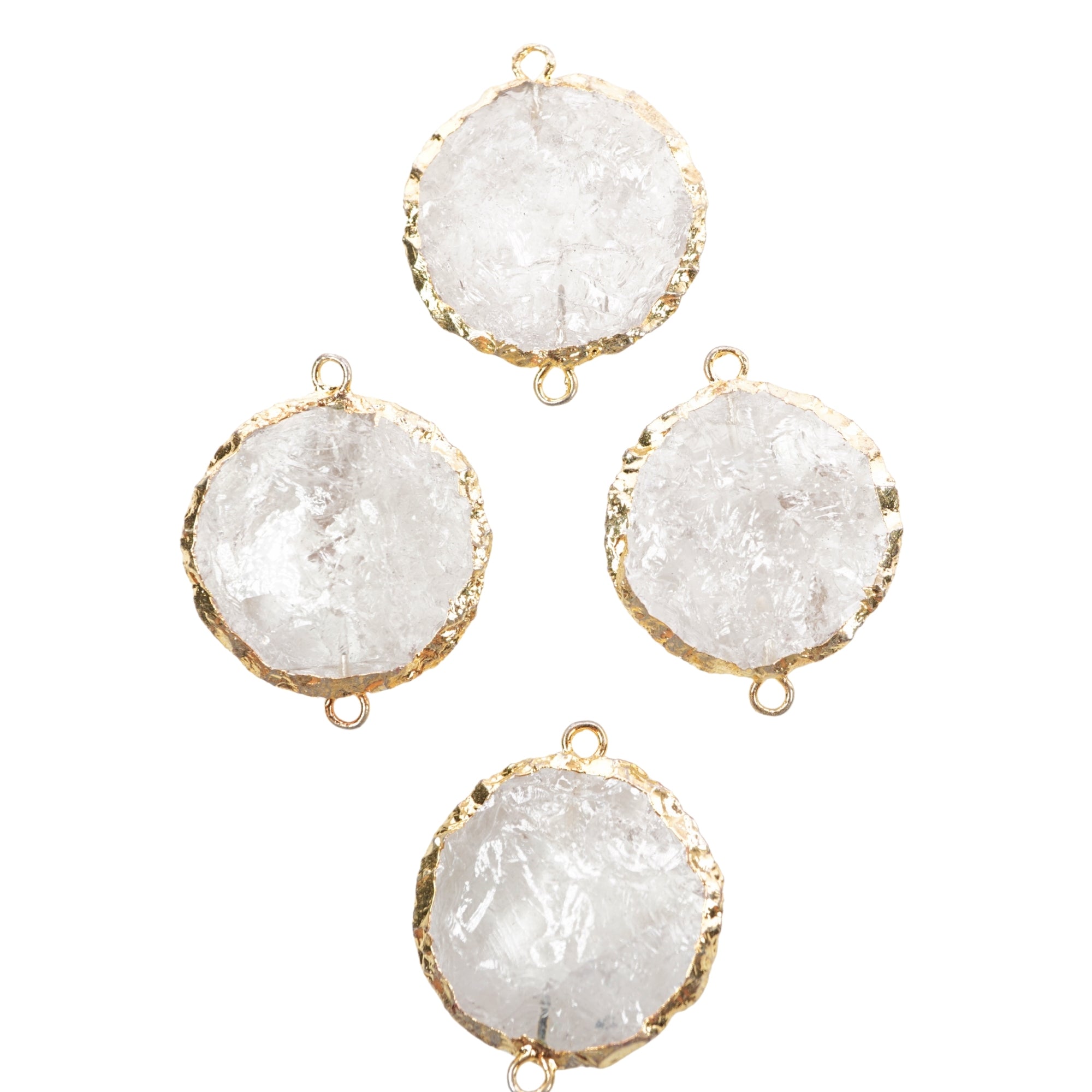 Crystal Quartz Hand knapped Round Big Disc Gemstone Gold Electroplated Charm Connector