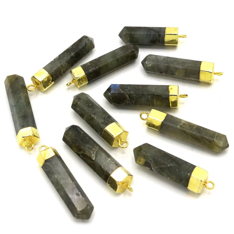 Labradorite Pencil Shape Gemstone Gold Cap Electroplated Charm Healing Crystal Point Pendant