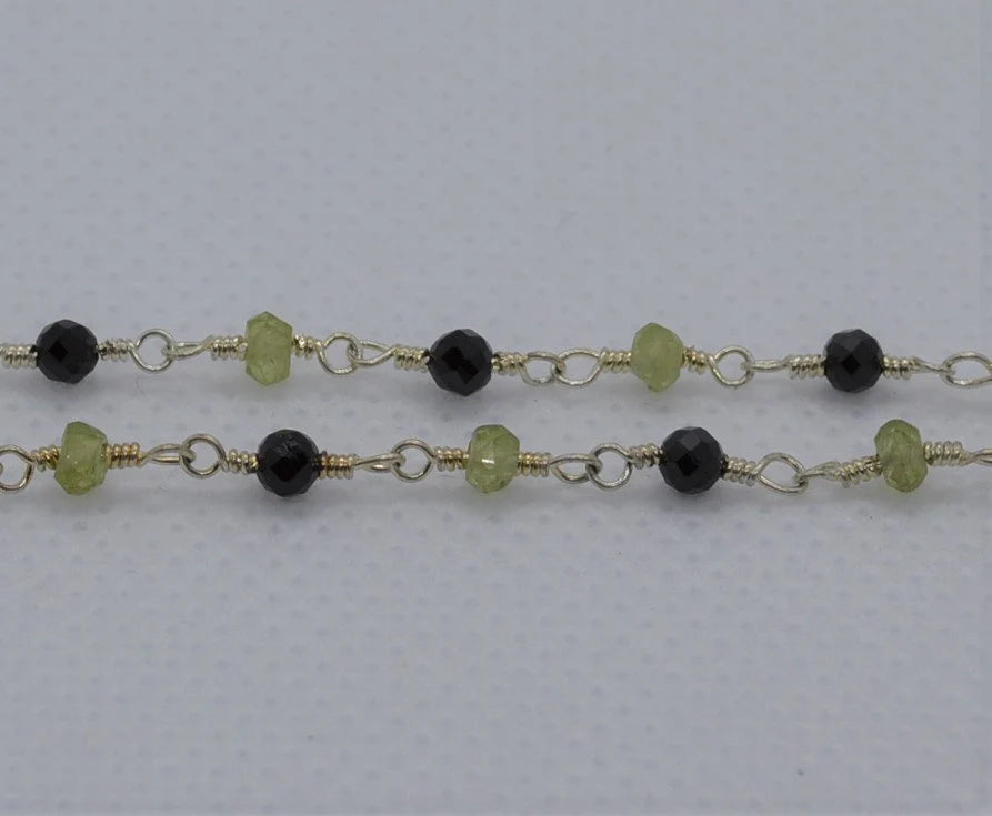 Black Spinel & Peridot Gemstone Rhodium Plated Brass Rosary Chain Beads