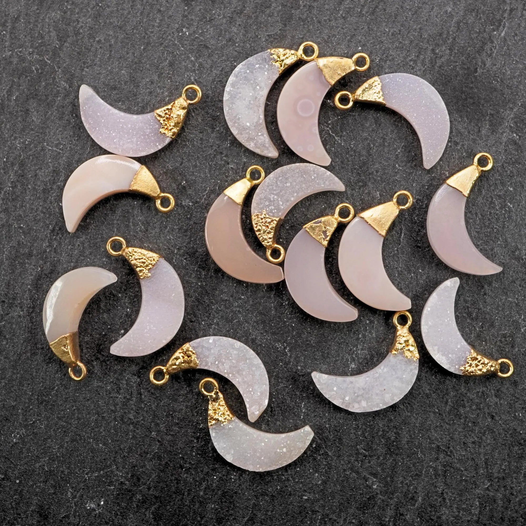 Pink Druzy Moon Shape Gemstone Gold Electroplated Charm Pendant