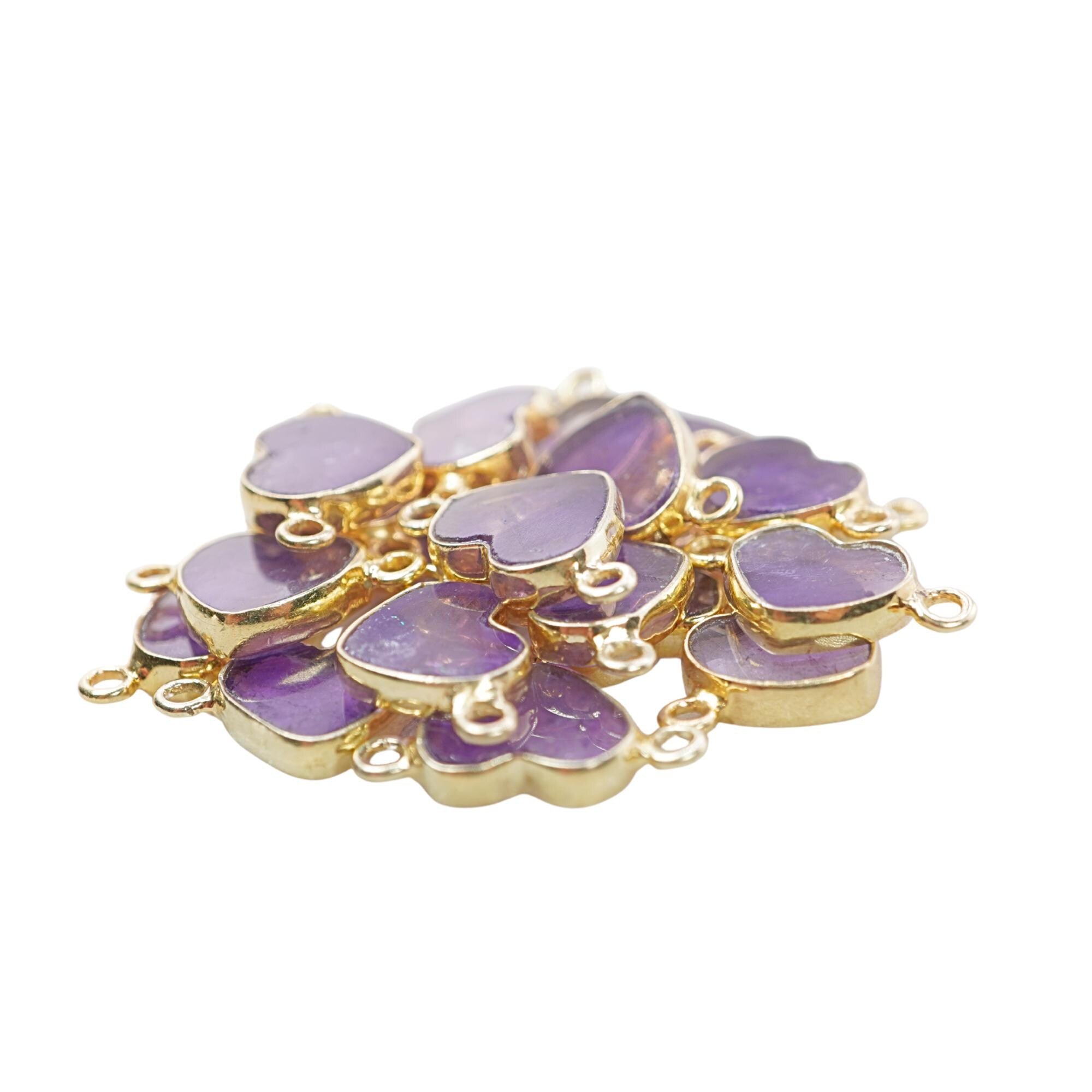 Purple Amethyst Smooth Heart Shape Gemstone Gold Electroplated Charm Connector
