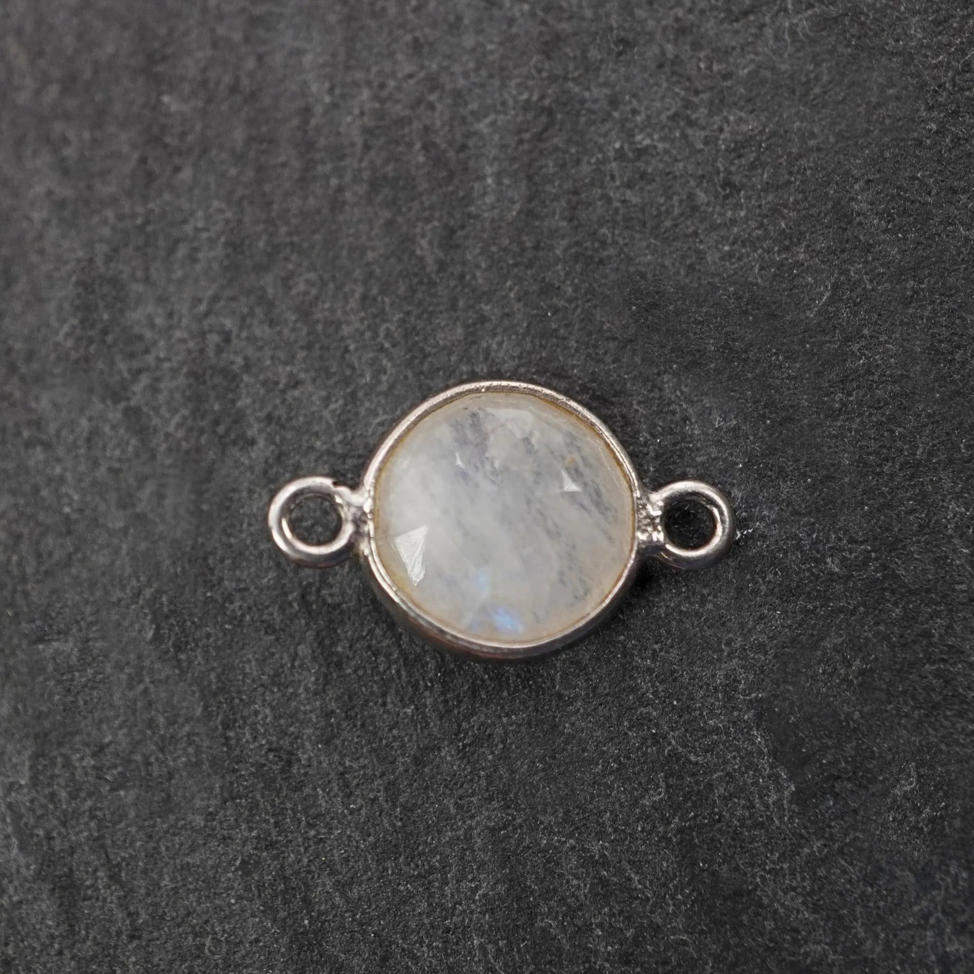 Rainbow Moonstone Coin Shape Gemstone Silver Plated Sterling Silver Bezel Charm Connector