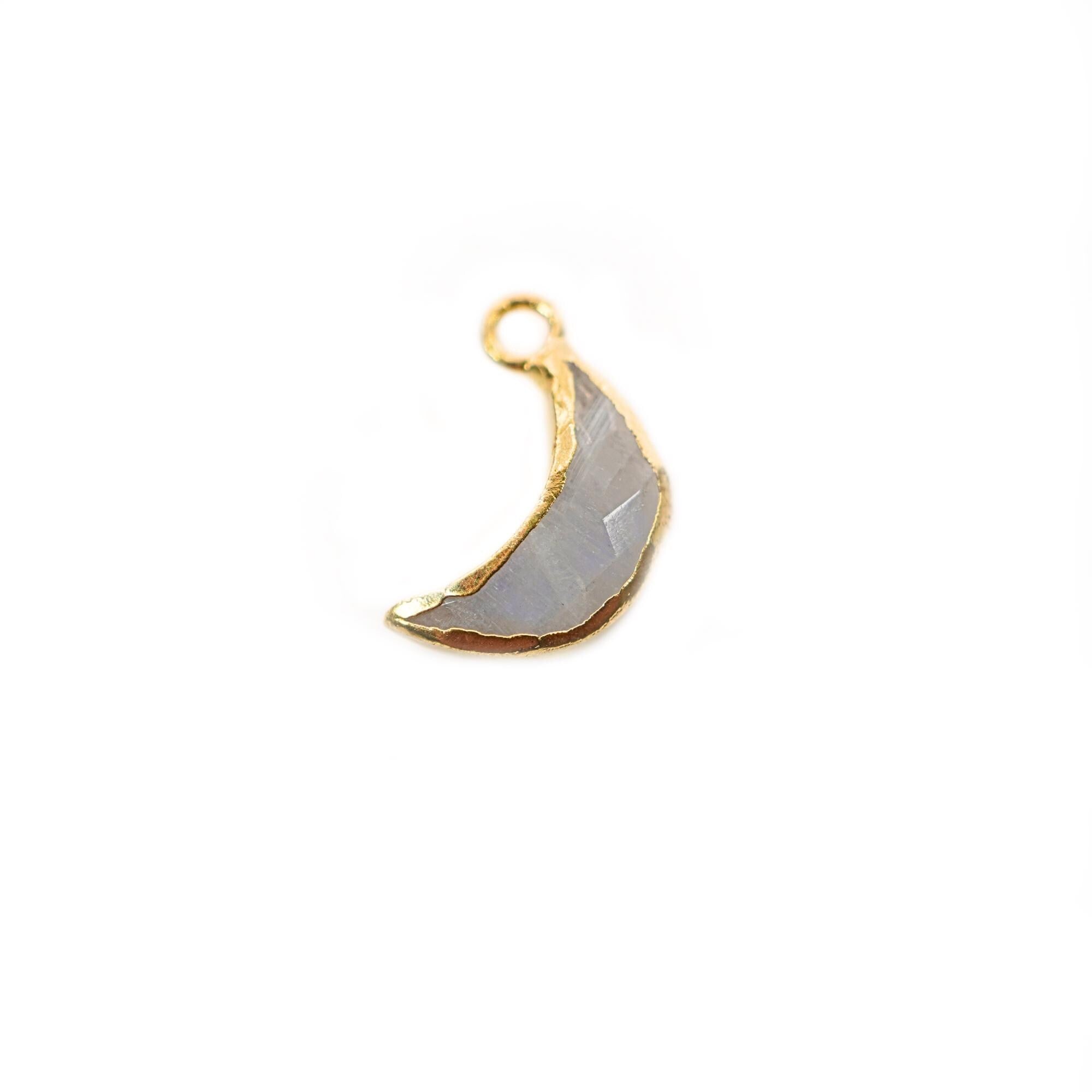Rainbow Moonstone Moon Shape Gemstone Gold Electroplated Charm Pendant