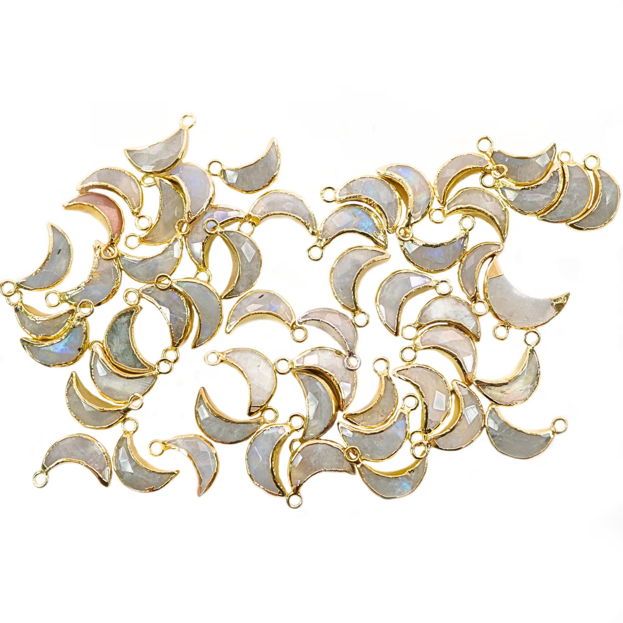 Rainbow Moonstone Moon Shape Gemstone Gold Electroplated Charm Pendant