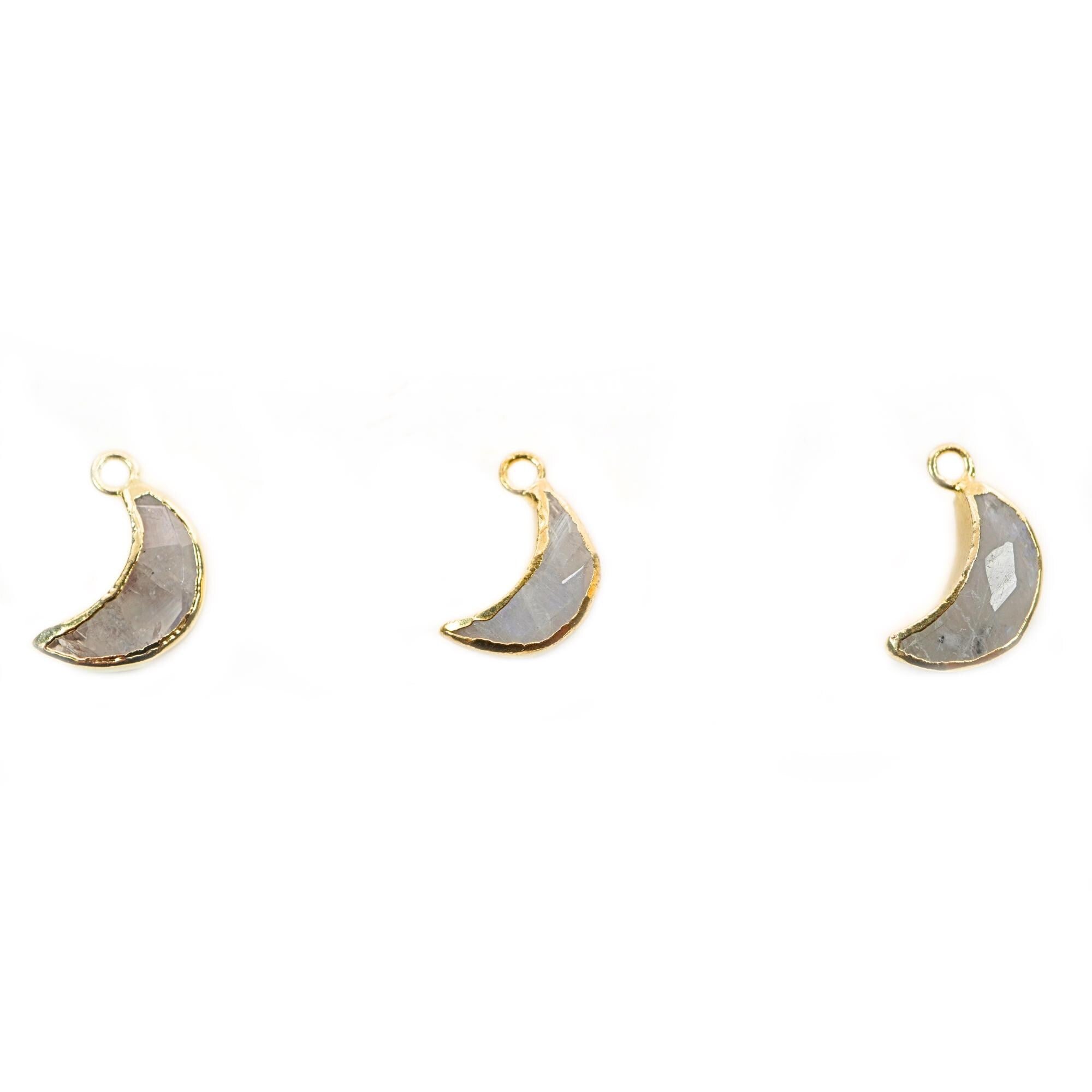 Rainbow Moonstone Moon Shape Gemstone Gold Electroplated Charm Pendant