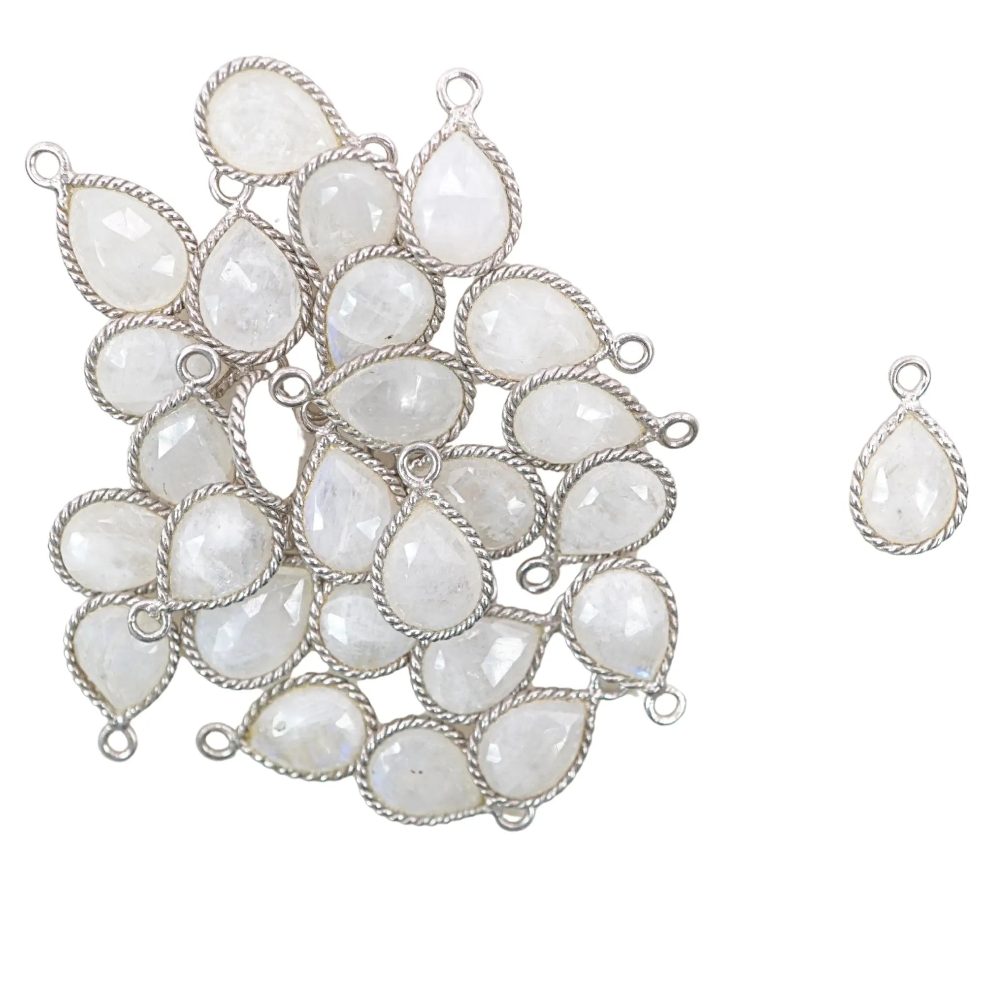 Rainbow Moonstone Pear Shape Gemstone Twisted Wire Sterling Silver Charm Pendant