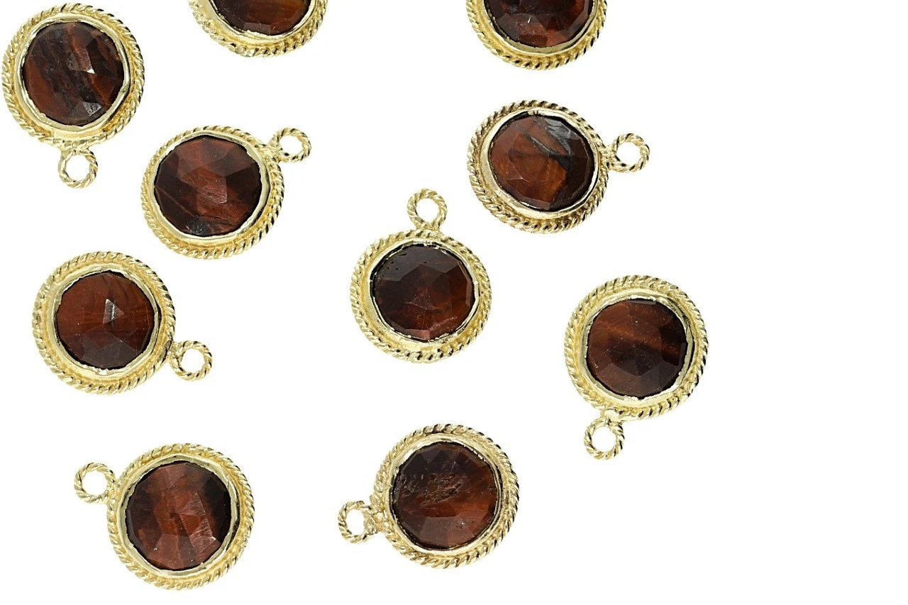 Red Tiger Eye Coin Shape Twisted Wire Gold Plated Silver Bezel Charm Pendant