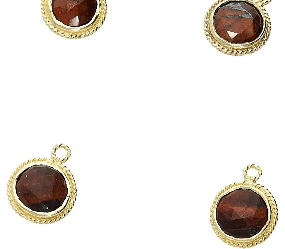 Red Tiger Eye Coin Shape Twisted Wire Gold Plated Silver Bezel Charm Pendant