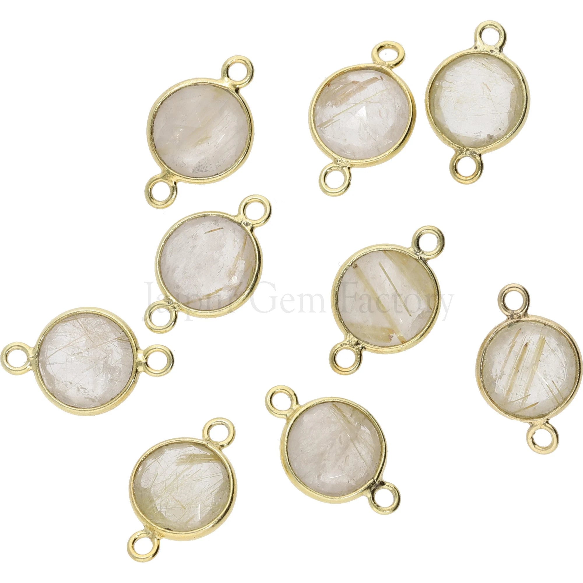 Rutilated Quartz Coin Gemstone Gold Plated Sterling Silver Charm Connector