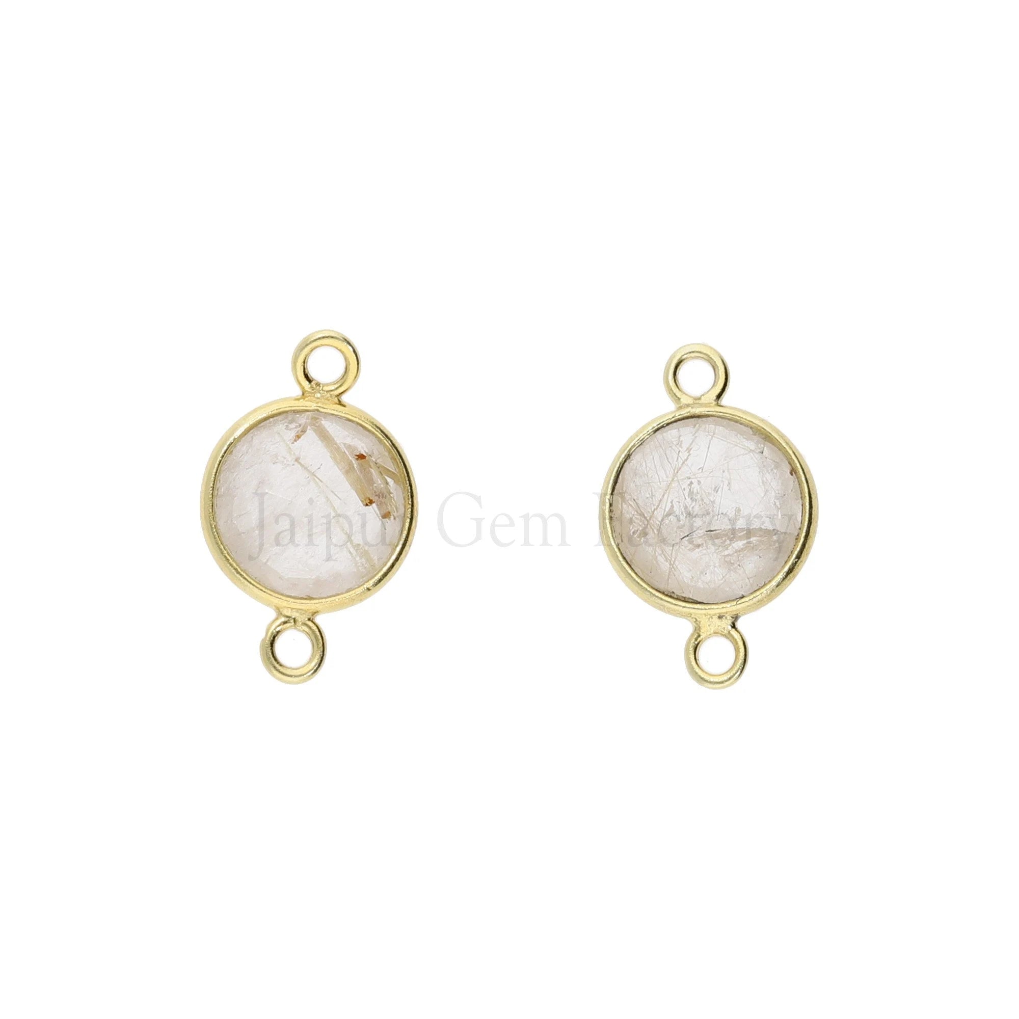Rutilated Quartz Coin Gemstone Gold Plated Sterling Silver Charm Connector