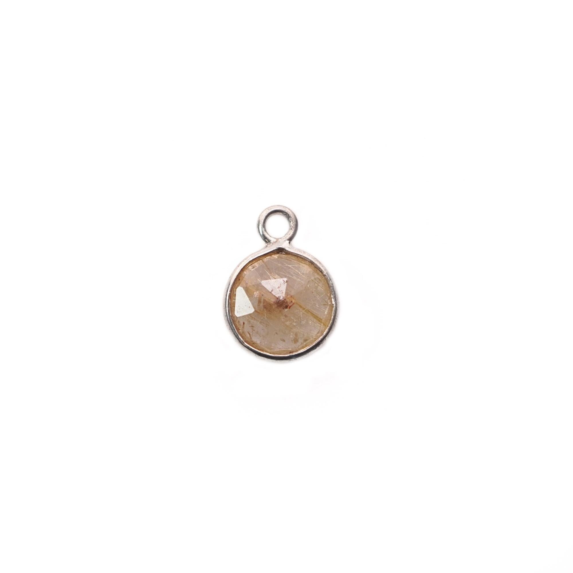 Rutilated Quartz Coin Shape Gemstone Gold Plated Sterling Silver Charm Pendant