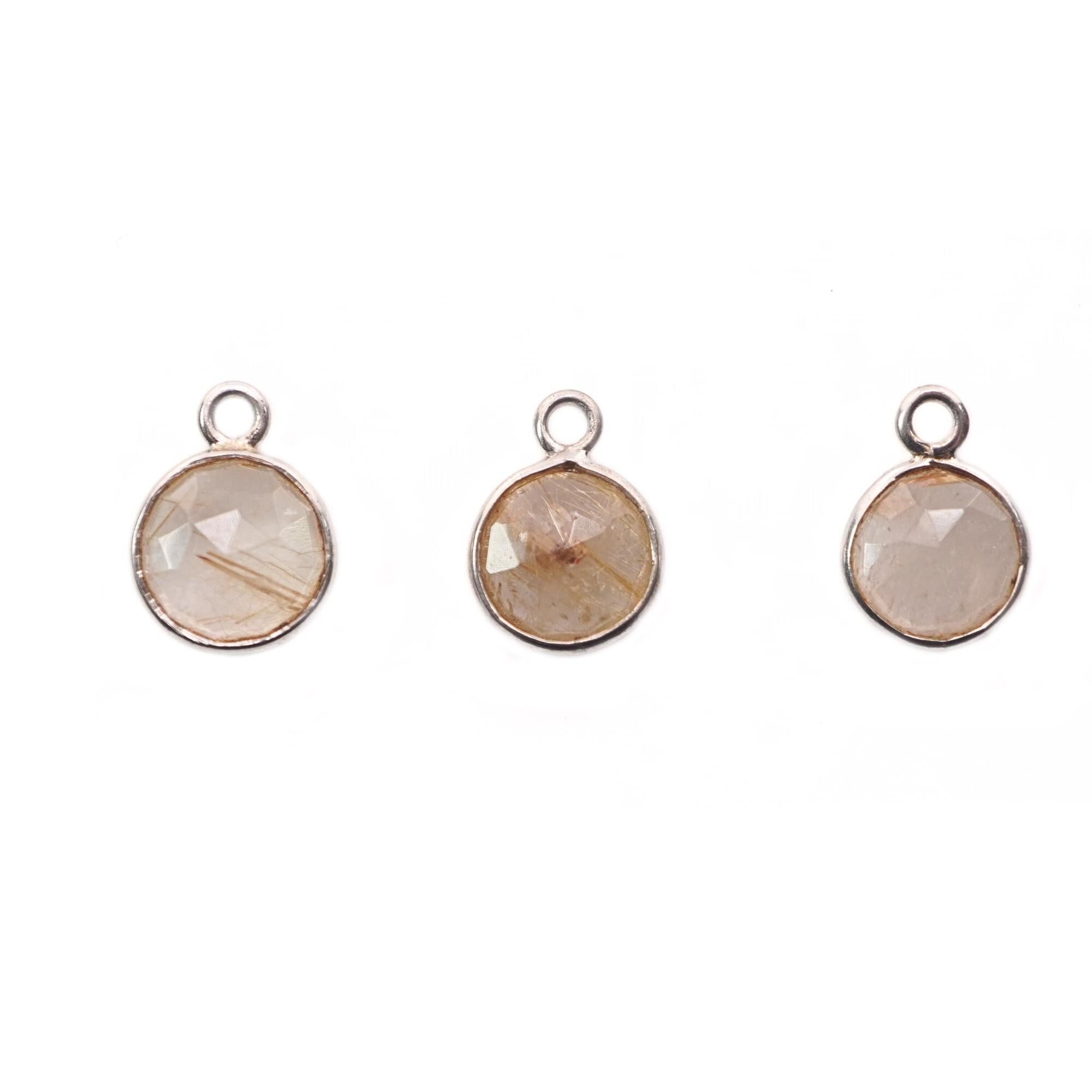 Rutilated Quartz Coin Shape Gemstone Gold Plated Sterling Silver Charm Pendant