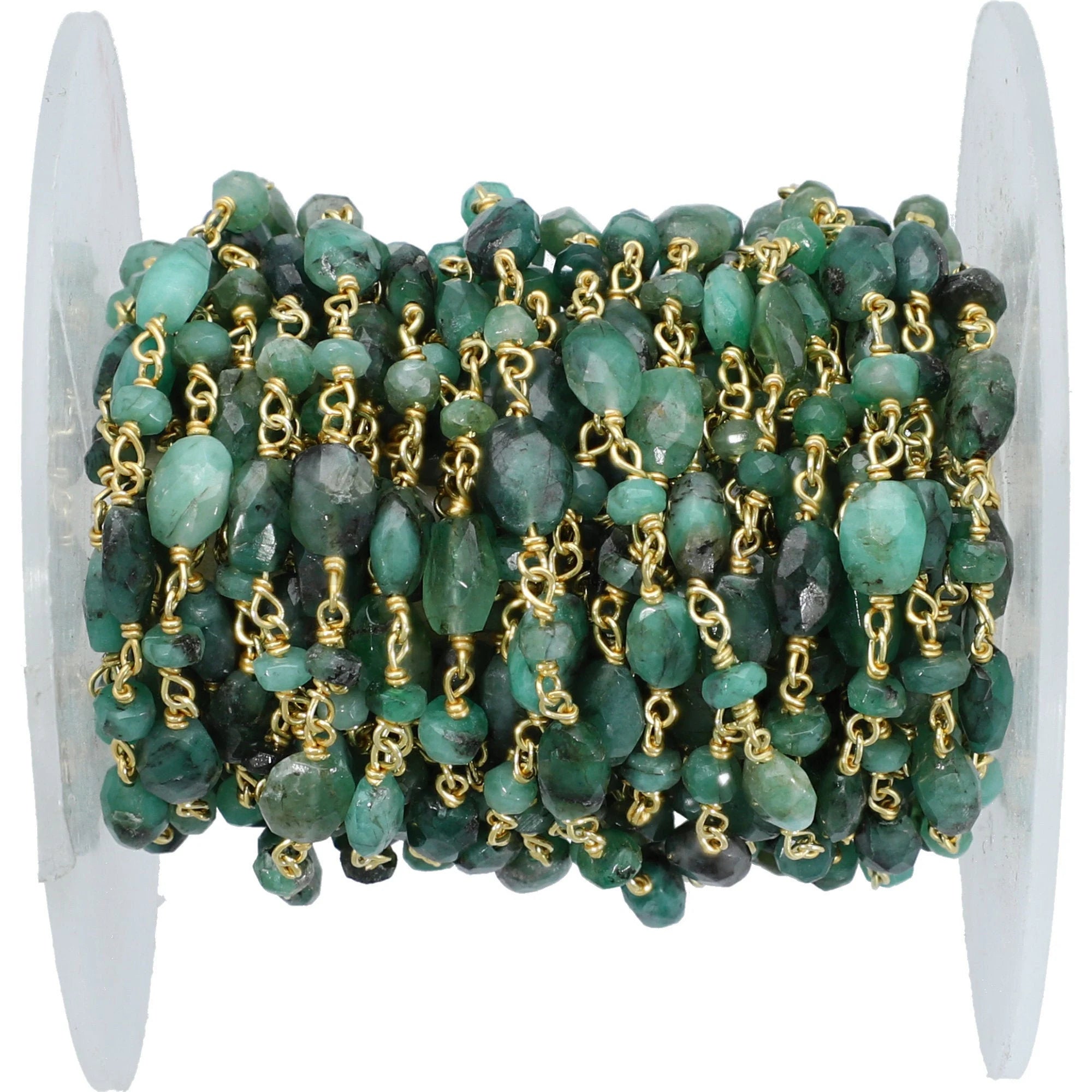 Raw Emerald Sterling Silver Gold Plated Rosary Chain Gemstone Wire Wrapped Beads