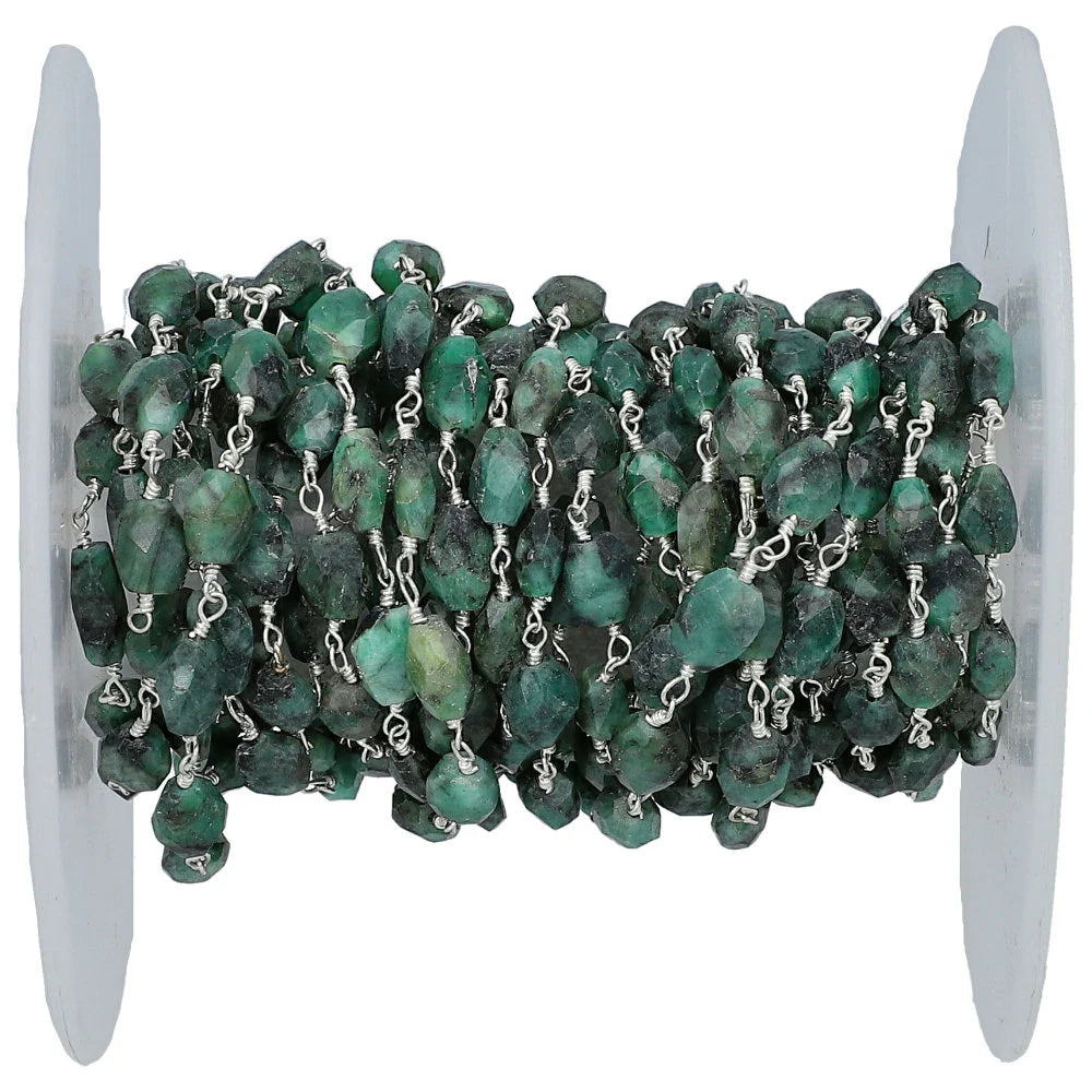 Raw Emerald Faceted Oval Gemstone Brass Silver Plated Rosary Beads Chain