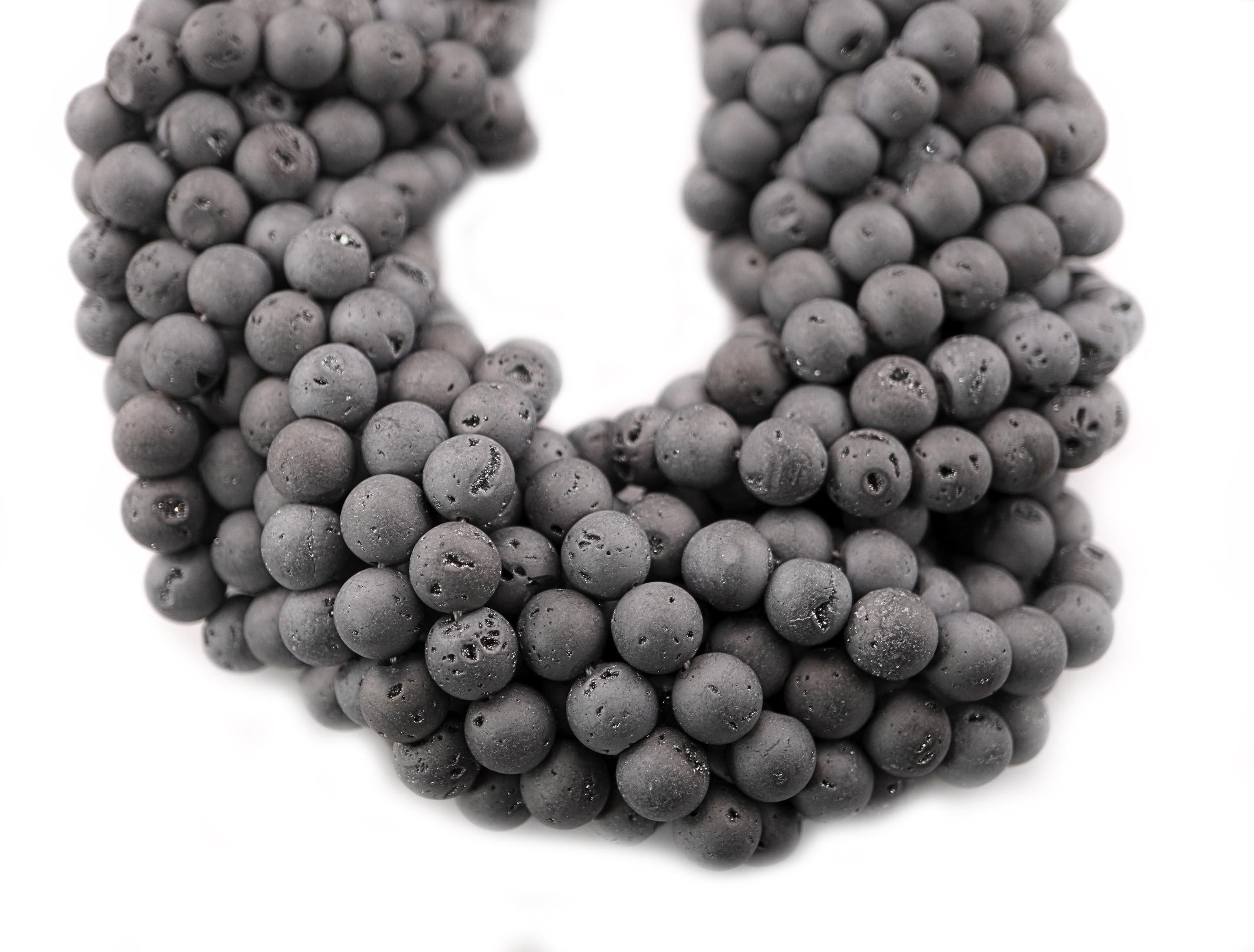 Silver Gray Druzy Smooth Round Shape Gemstone Strand Beads