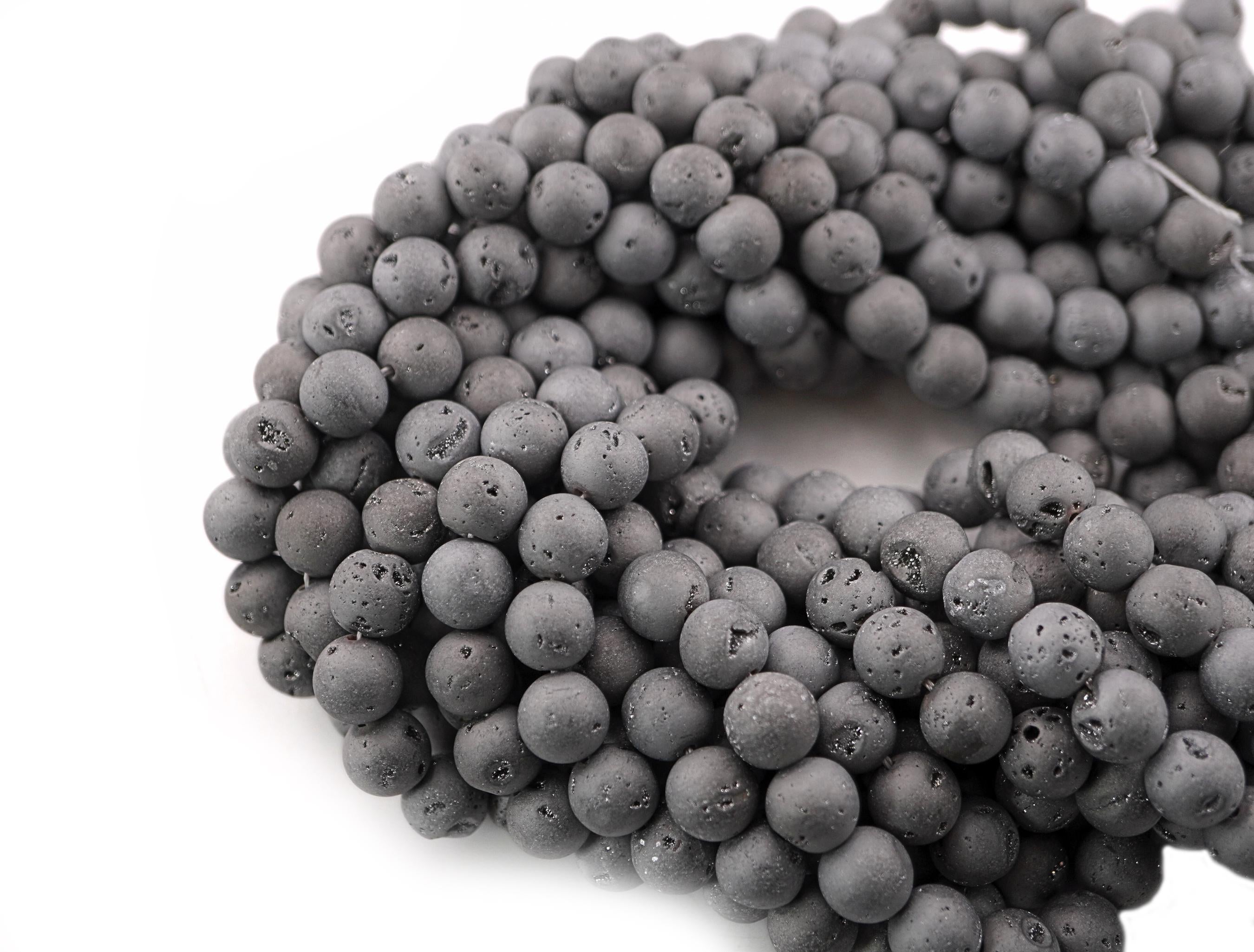 Silver Gray Druzy Smooth Round Shape Gemstone Strand Beads