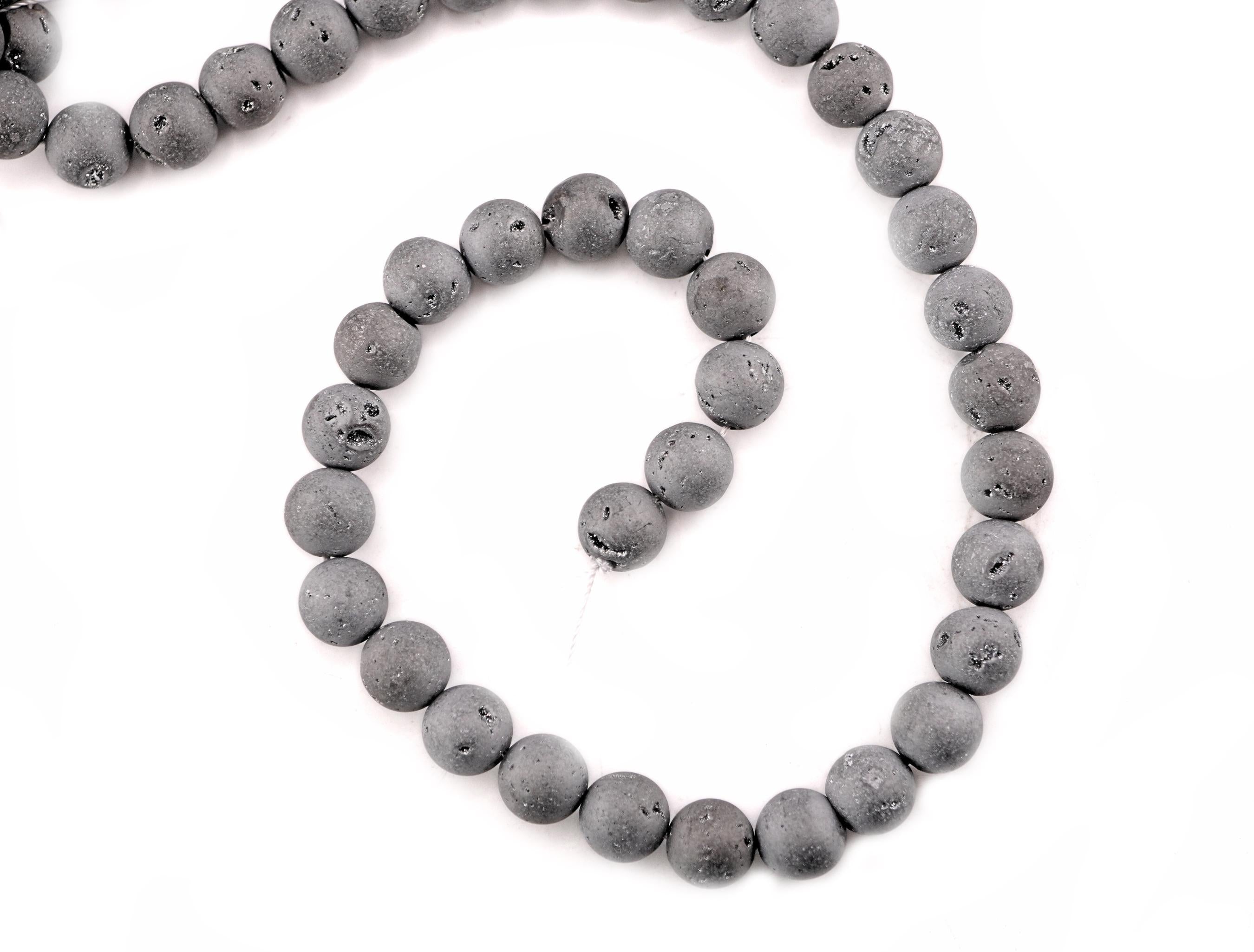 Silver Gray Druzy Smooth Round Shape Gemstone Strand Beads
