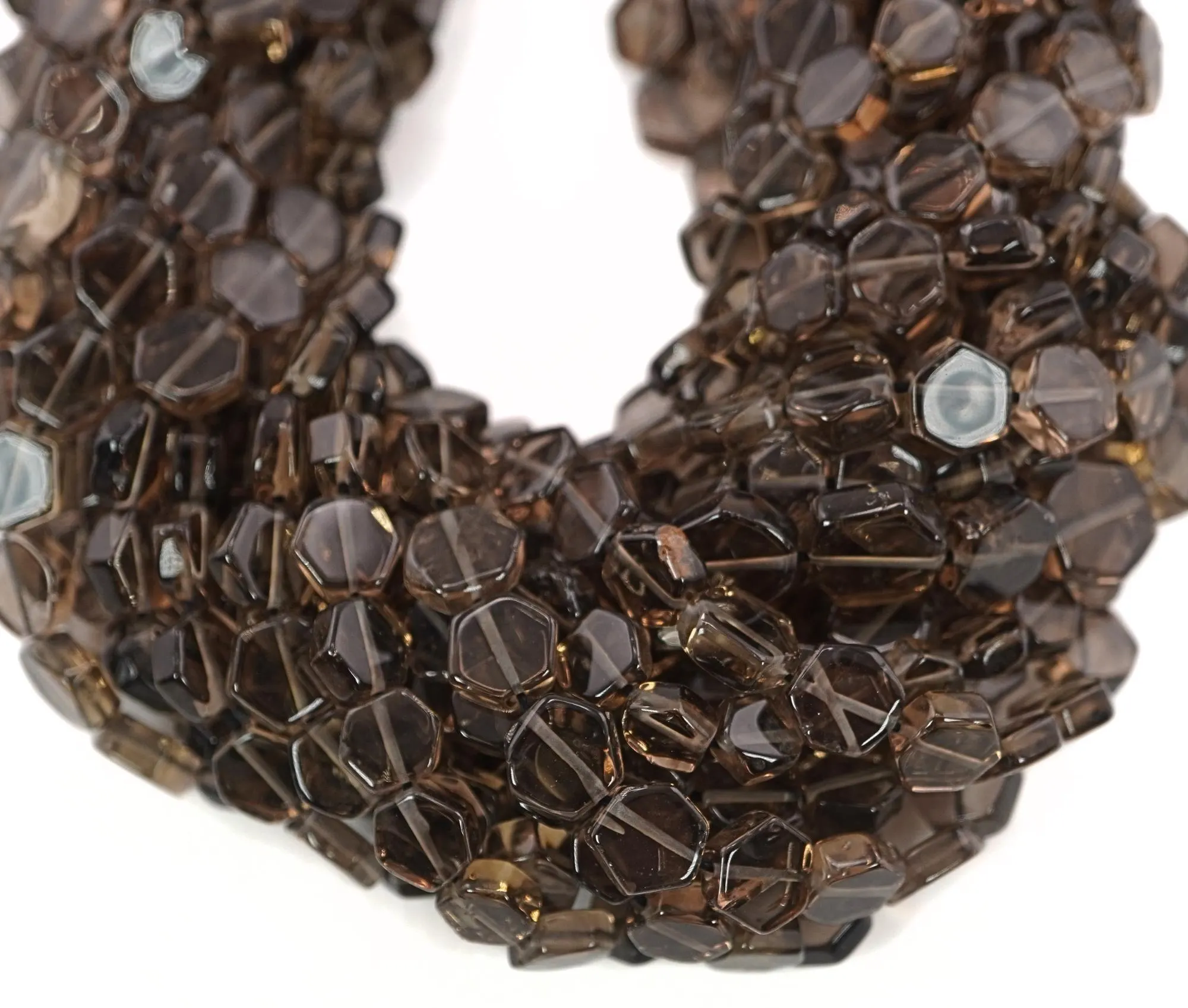 Smokey quartz smooth hexagon shape gemstone strand beads