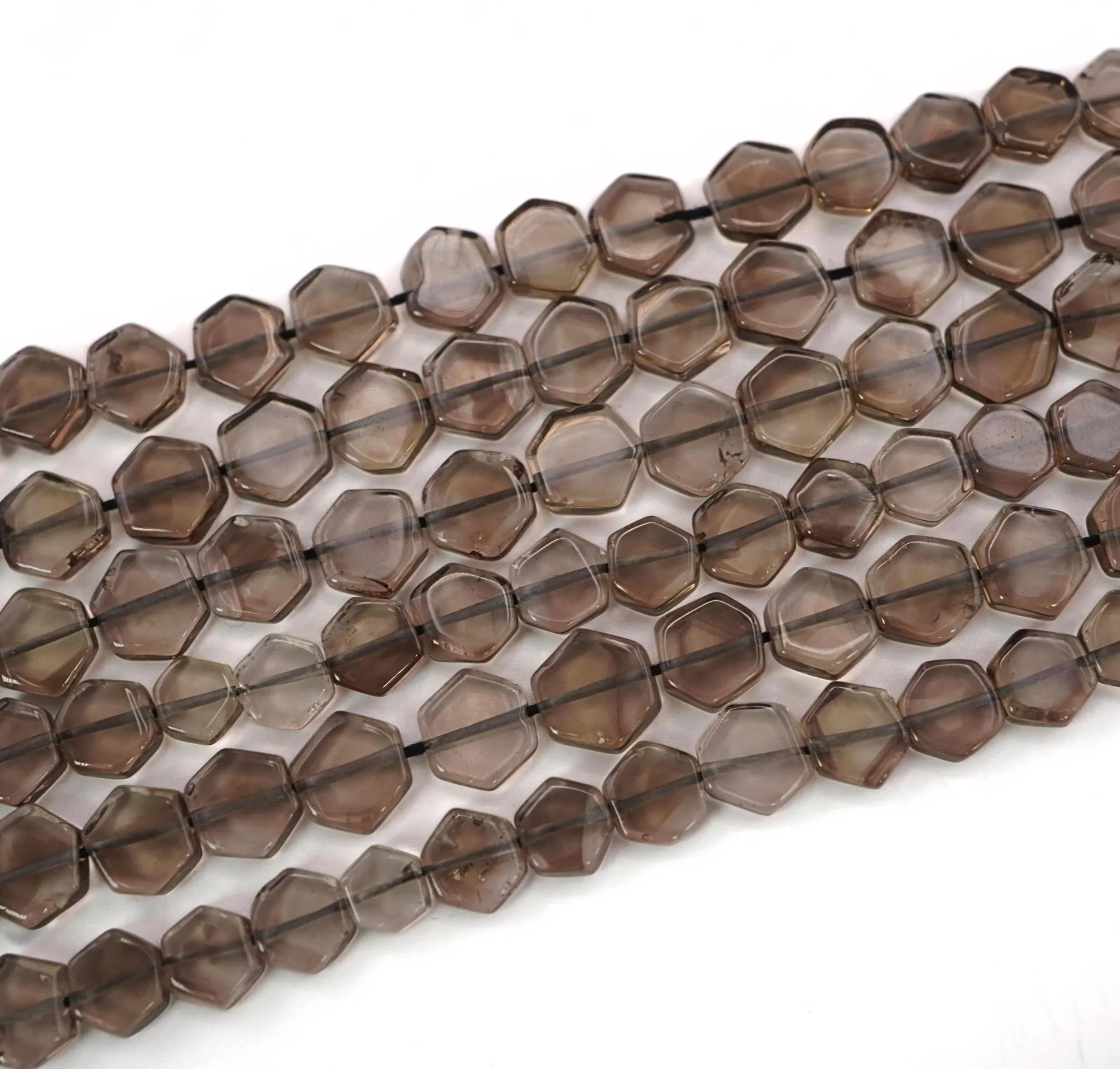 Smokey quartz smooth hexagon shape gemstone strand beads