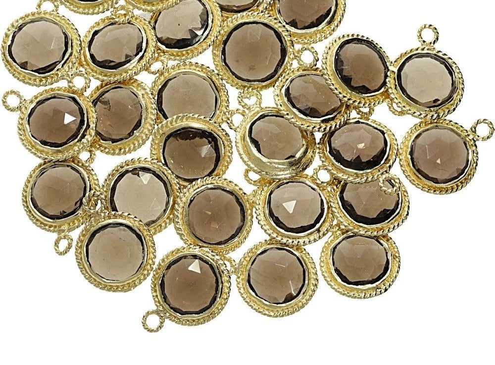 Smoky Quartz Gemstone Coin Bezel, Gold Plated Gemstone Round Pendant Charm Bezel, Jewelry Making