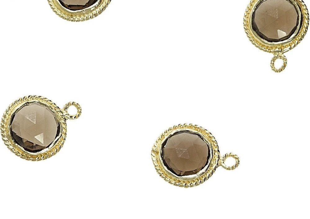 Smoky Quartz Gemstone Coin Bezel, Gold Plated Gemstone Round Pendant Charm Bezel, Jewelry Making