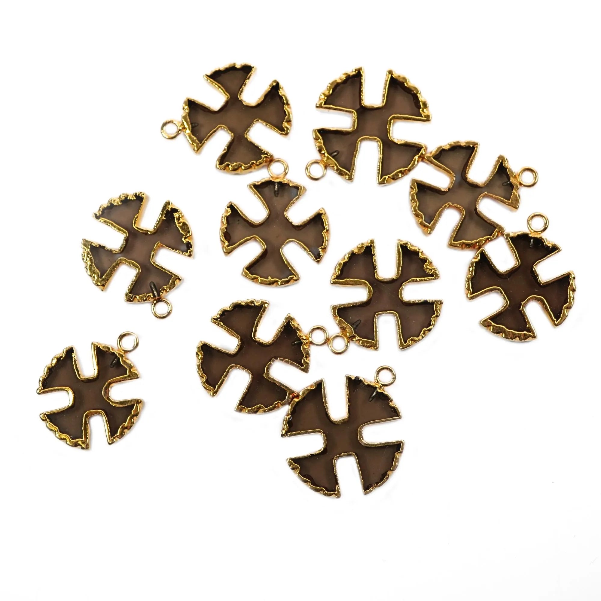 Smoky Quartz Viking Cross Gemstone Gold Electroplated Charm Pendant