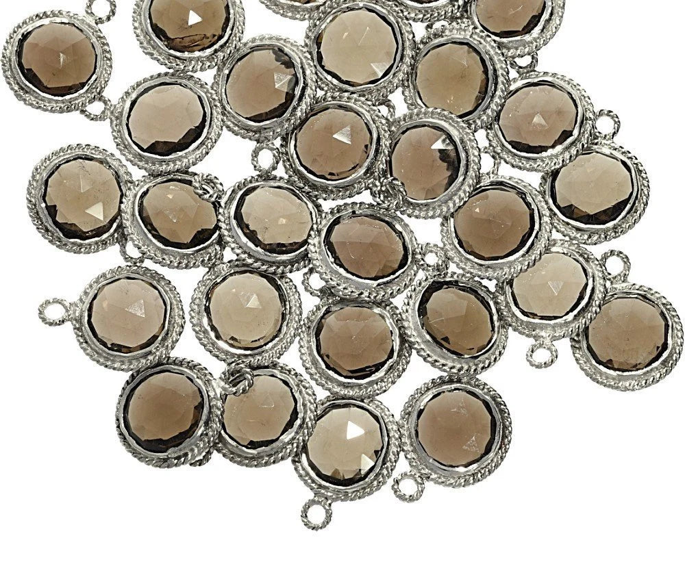 Smoky quartz coin pendant in sterling silver bezel