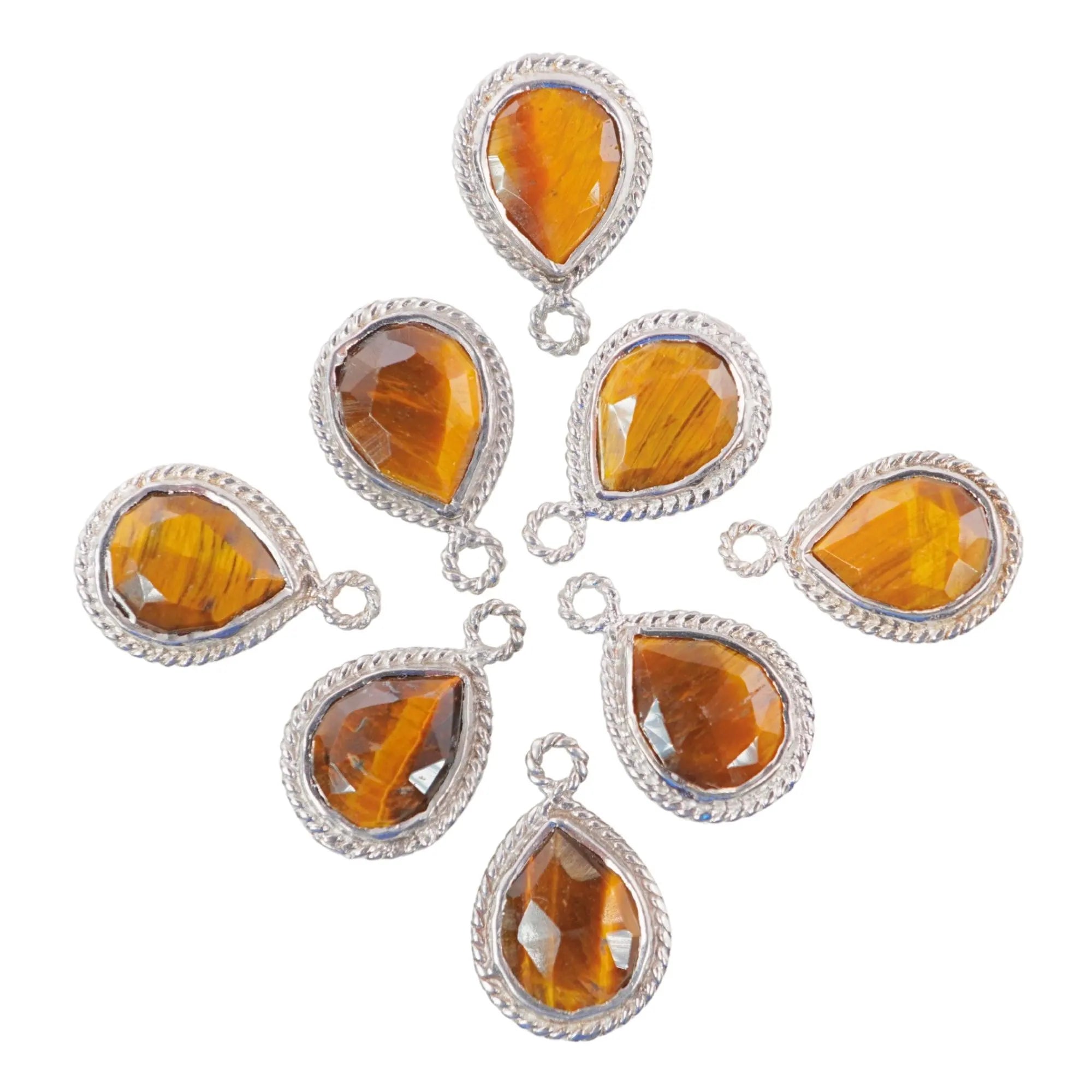 Tiger Eye Pear Shape Gemstone Twisted Wire Sterling Silver Bezel Charm Pendant