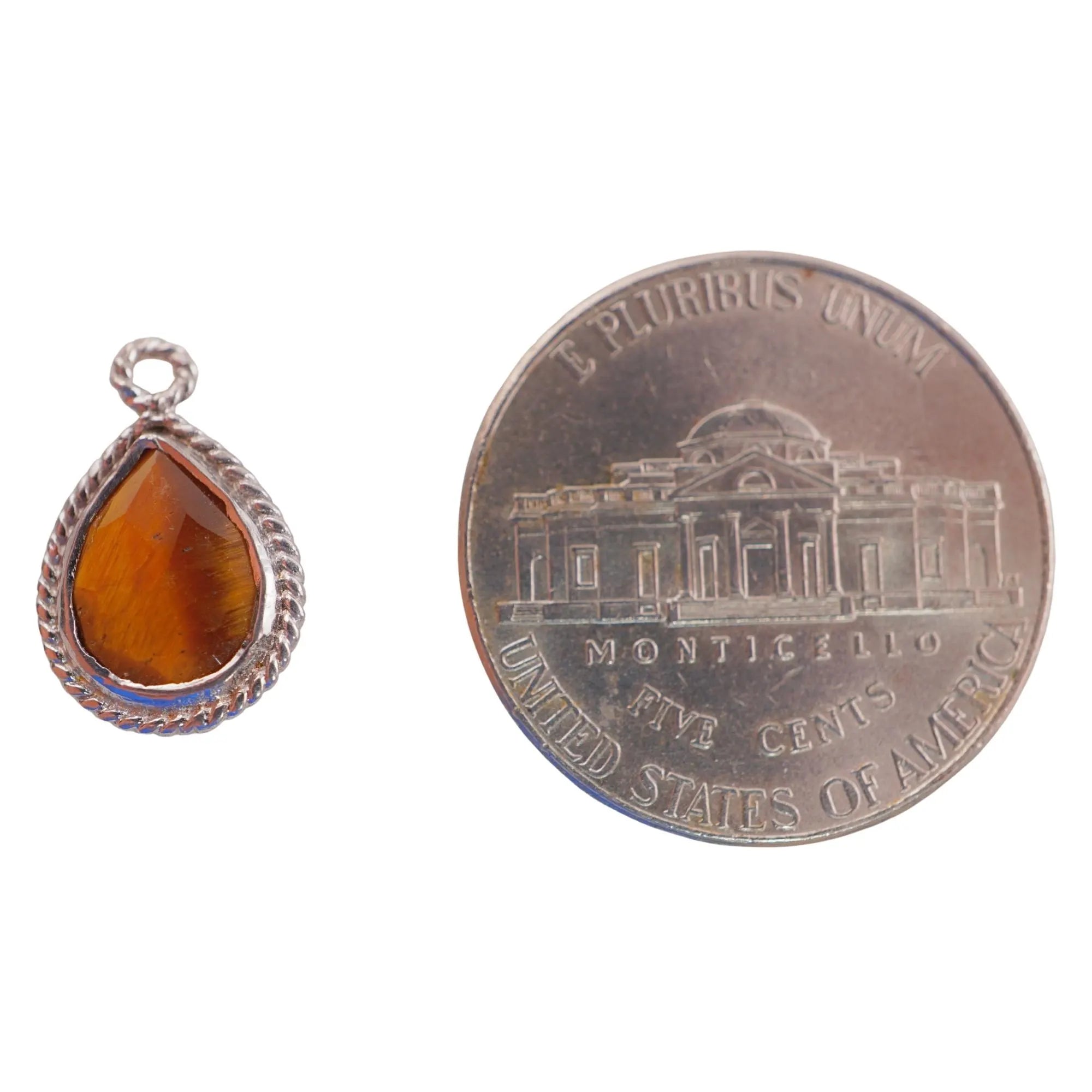 Tiger Eye Pear Shape Gemstone Twisted Wire Sterling Silver Bezel Charm Pendant