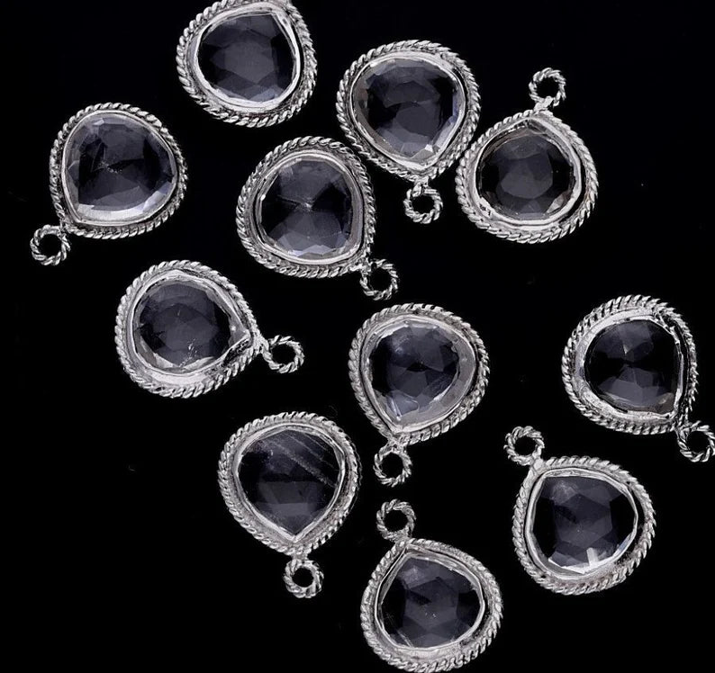 Crystal Quartz Heart Shape Gemstone Twisted Wire Sterling Silver Bezel Charm Pendant