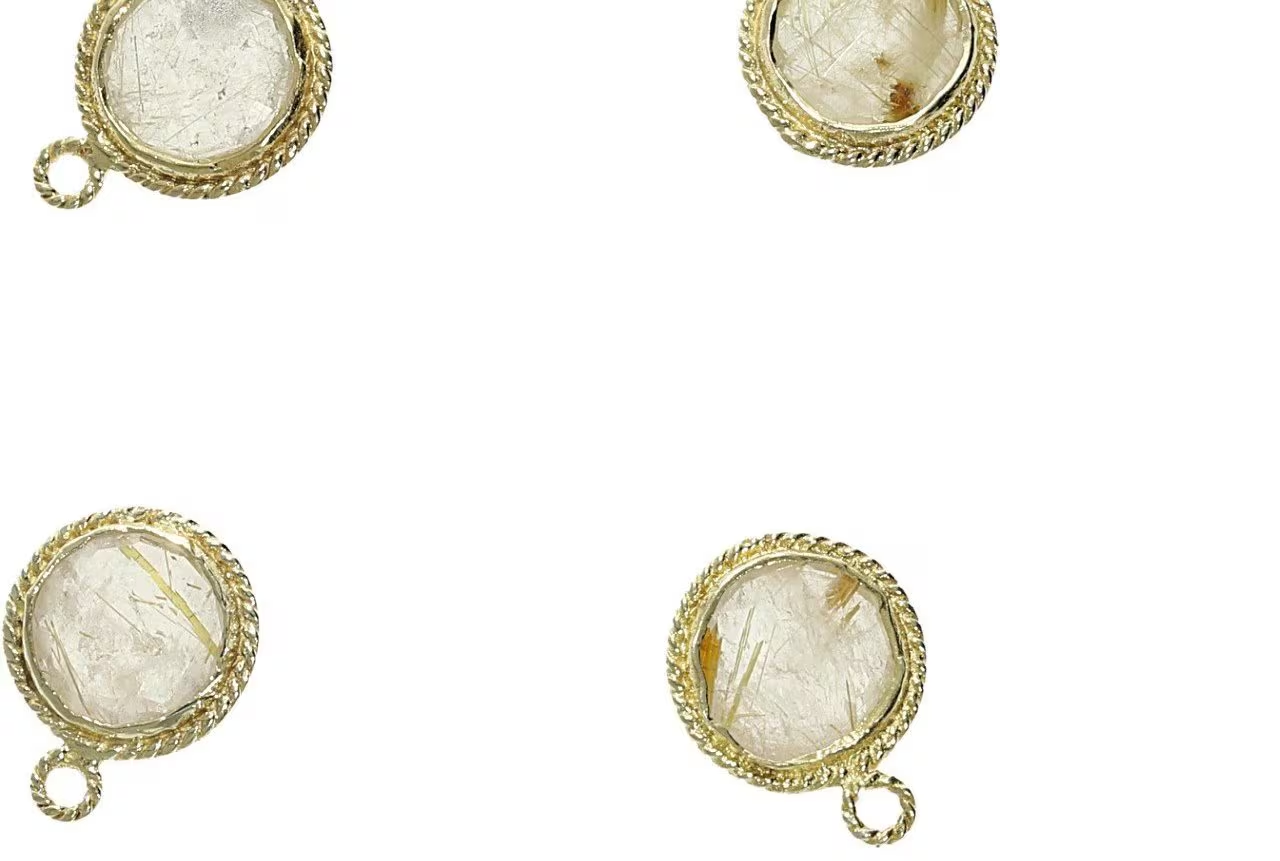 natural rutilated quartz gem round gold charm pendant