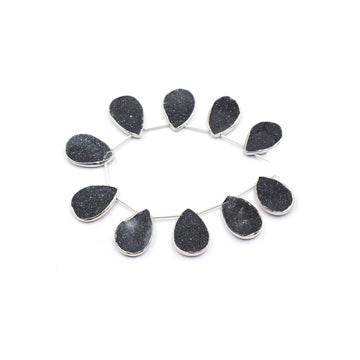 Black druzy pear shape strand with silver plated bezel