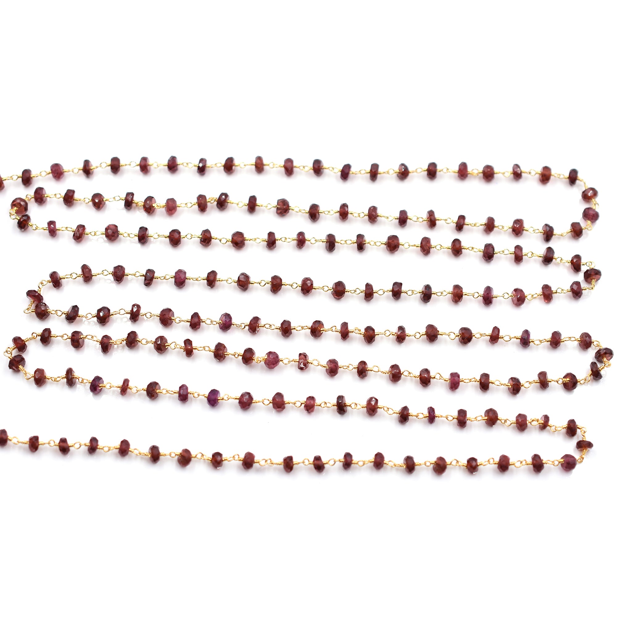 Garnet Faceted Rondelle Brass Gold Plated Wire Wrapped Chain Sold by Foot