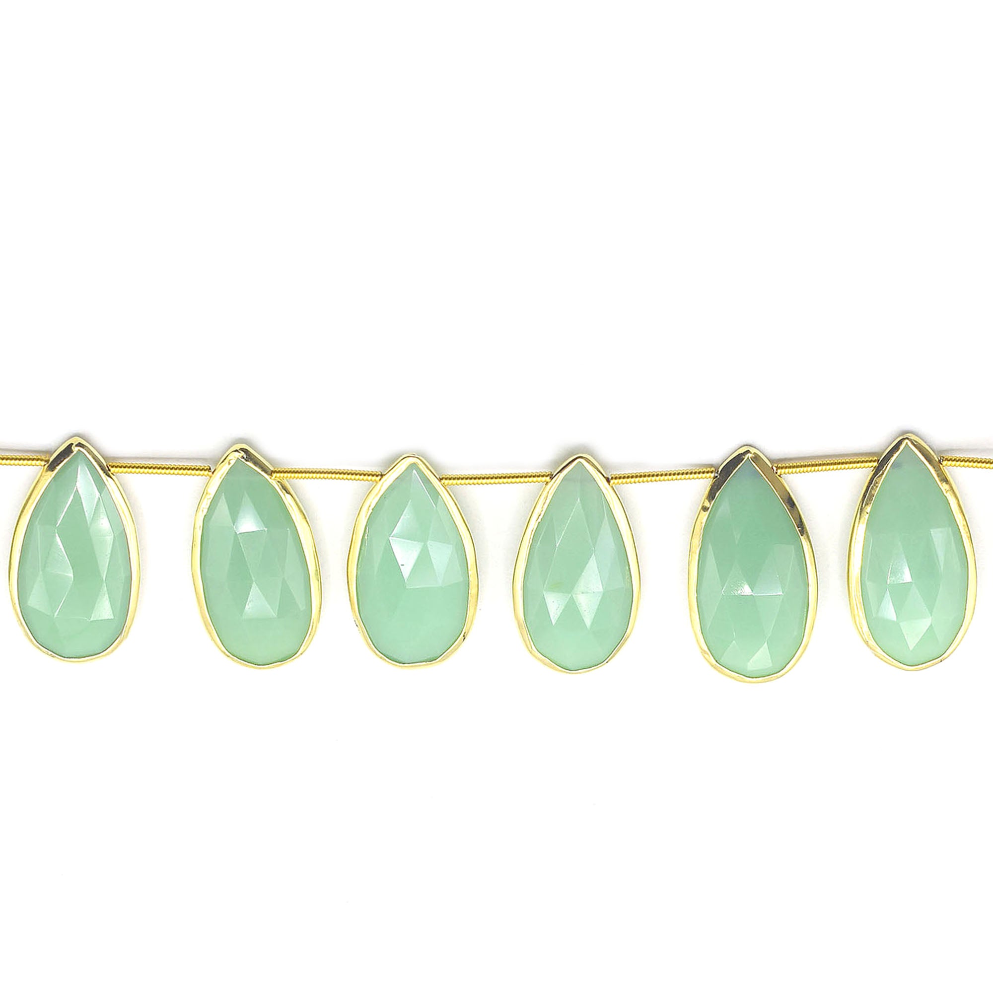 Chrysoprase Chalcedony Pear Shape 24x12 MM Silver Bezel Gold Plated Side Drilled Strand