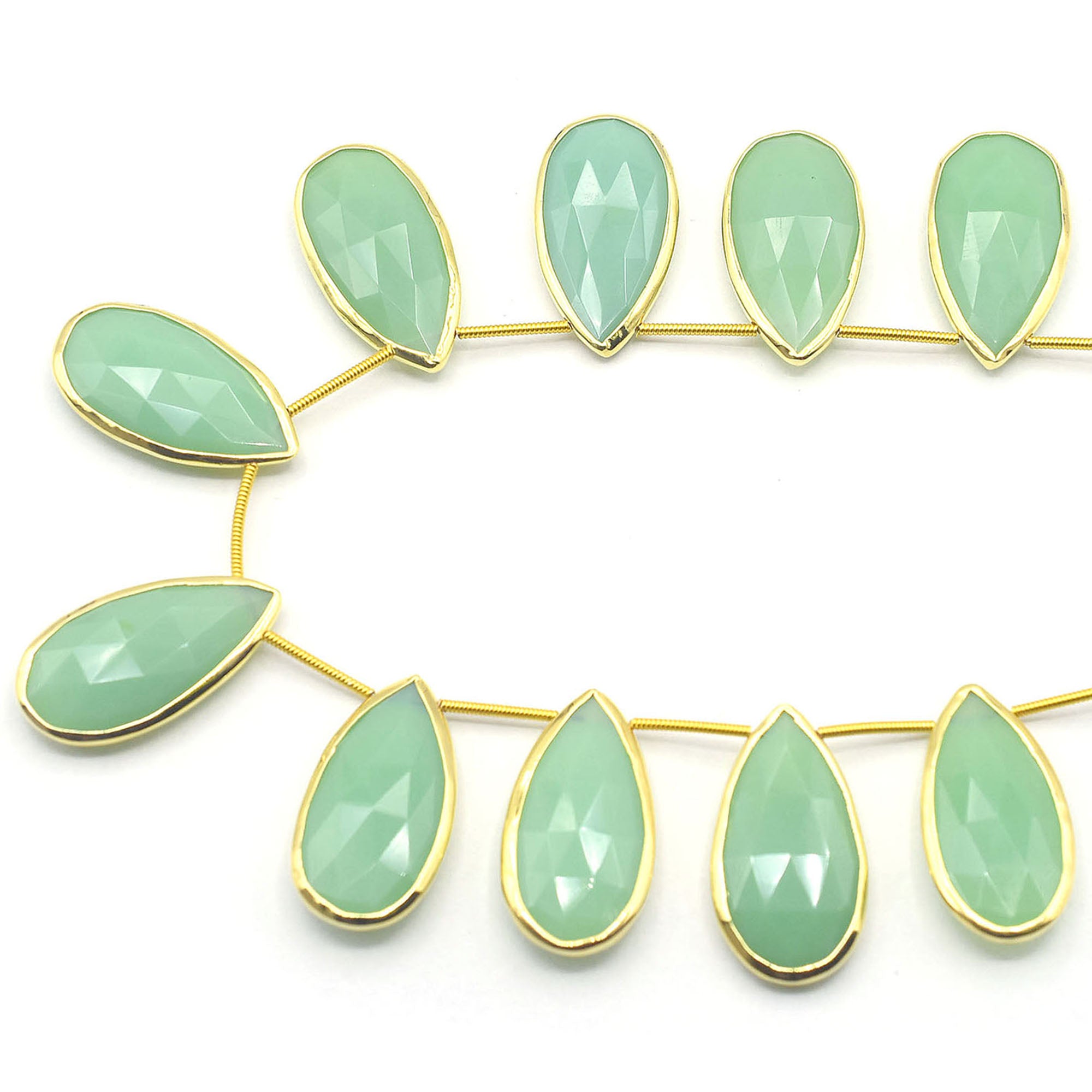 Chrysoprase Chalcedony Pear Shape 24x12 MM Silver Bezel Gold Plated Side Drilled Strand
