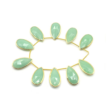 Chrysoprase Chalcedony Pear Shape 24x12 MM Silver Bezel Gold Plated Side Drilled Strand
