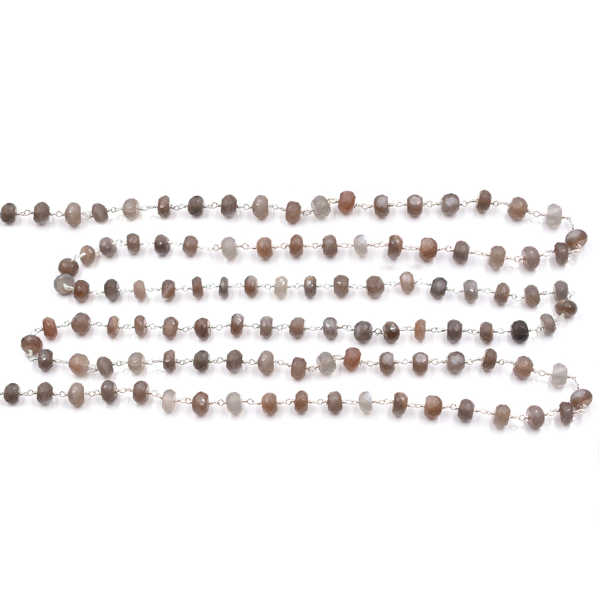 Gray & Brown Moonstone Faceted Rondelle Brass Silver Plated Wire Wrapped Chain Sold by Foot