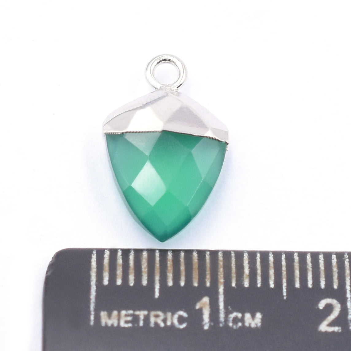 Shield shaped Green Onyx pendant, silver electroplated