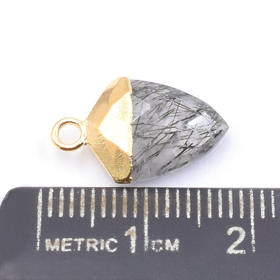 Modern Shield shaped Black Rutilated Quartz pendant with gold frame