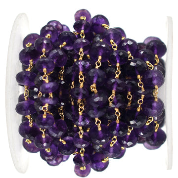 Amethyst Faceted Rondelle Beads Gold Plated Wire Wrapped Chain