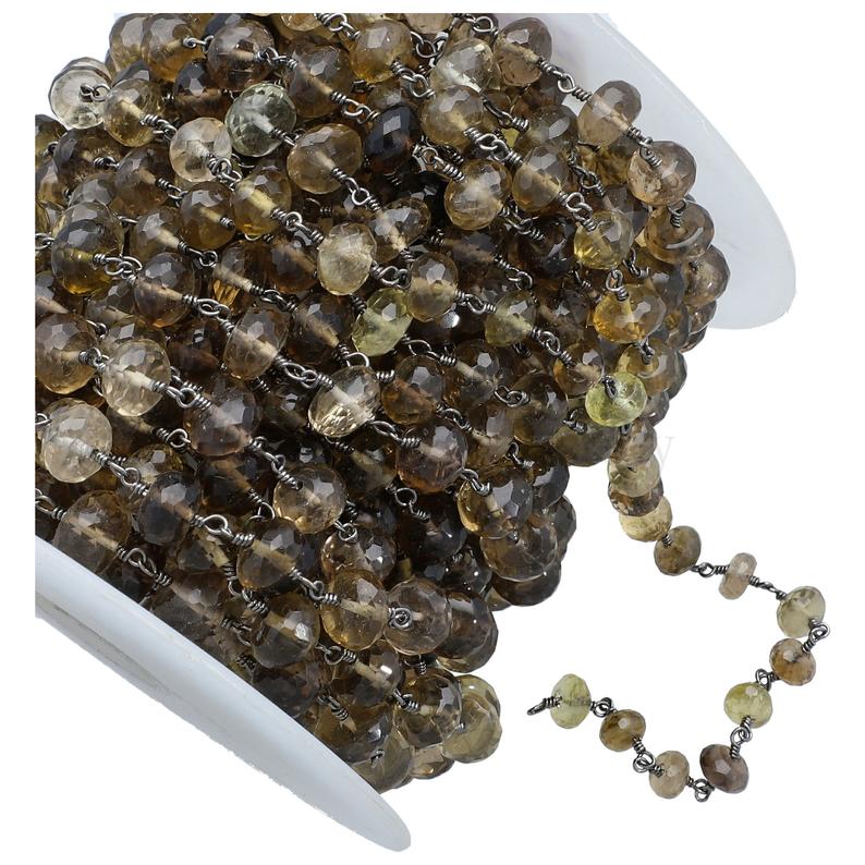 Smoky Lemon Quartz Faceted Rondelle Brass Black Oxidized Plated Wire Wrapped Chain Sold by Foot