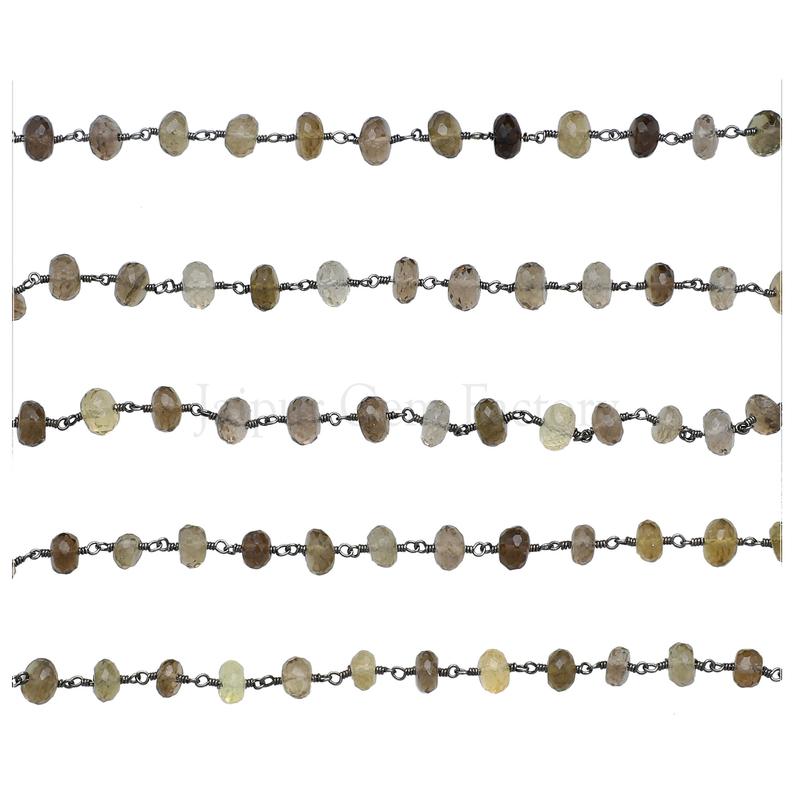 Smoky Lemon Quartz Faceted Rondelle Brass Black Oxidized Plated Wire Wrapped Chain Sold by Foot