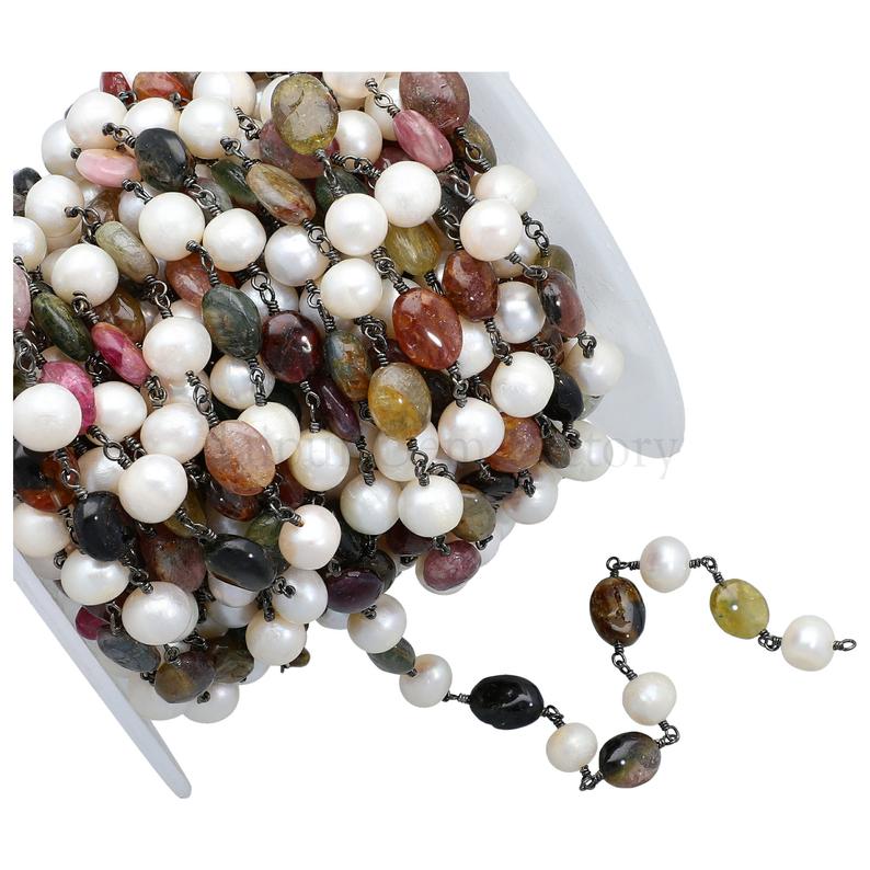 Fresh Water Pearl & Multi Color Tourmaline Faceted Rondelle Brass Black Oxidized Plated Wire Wrapped Chain Sold by Foot